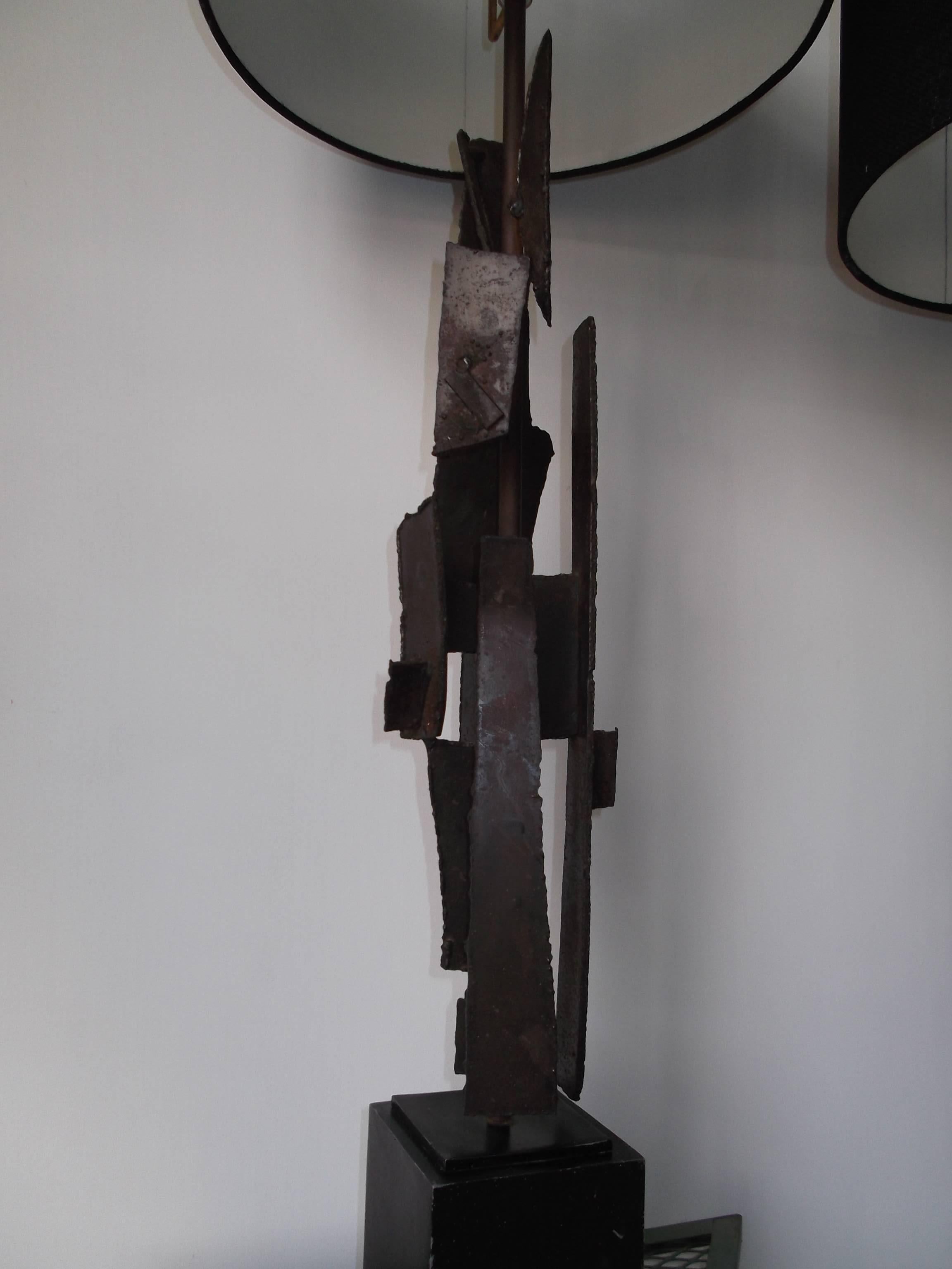Welded Pair of Laurel Torch Cut Steel Sculpture Lamps by Harry Balmer