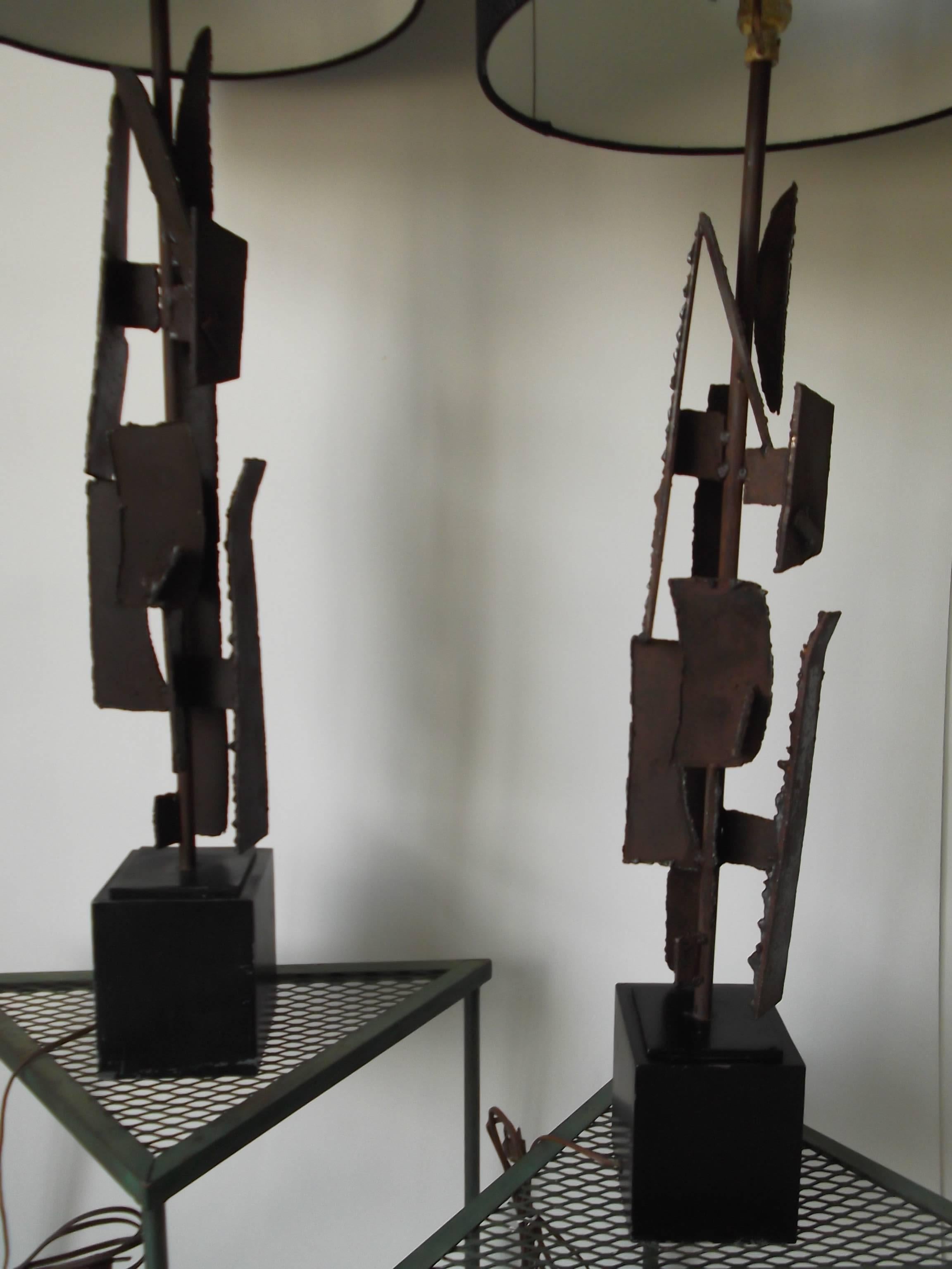 Pair of Laurel Torch Cut Steel Sculpture Lamps by Harry Balmer 1