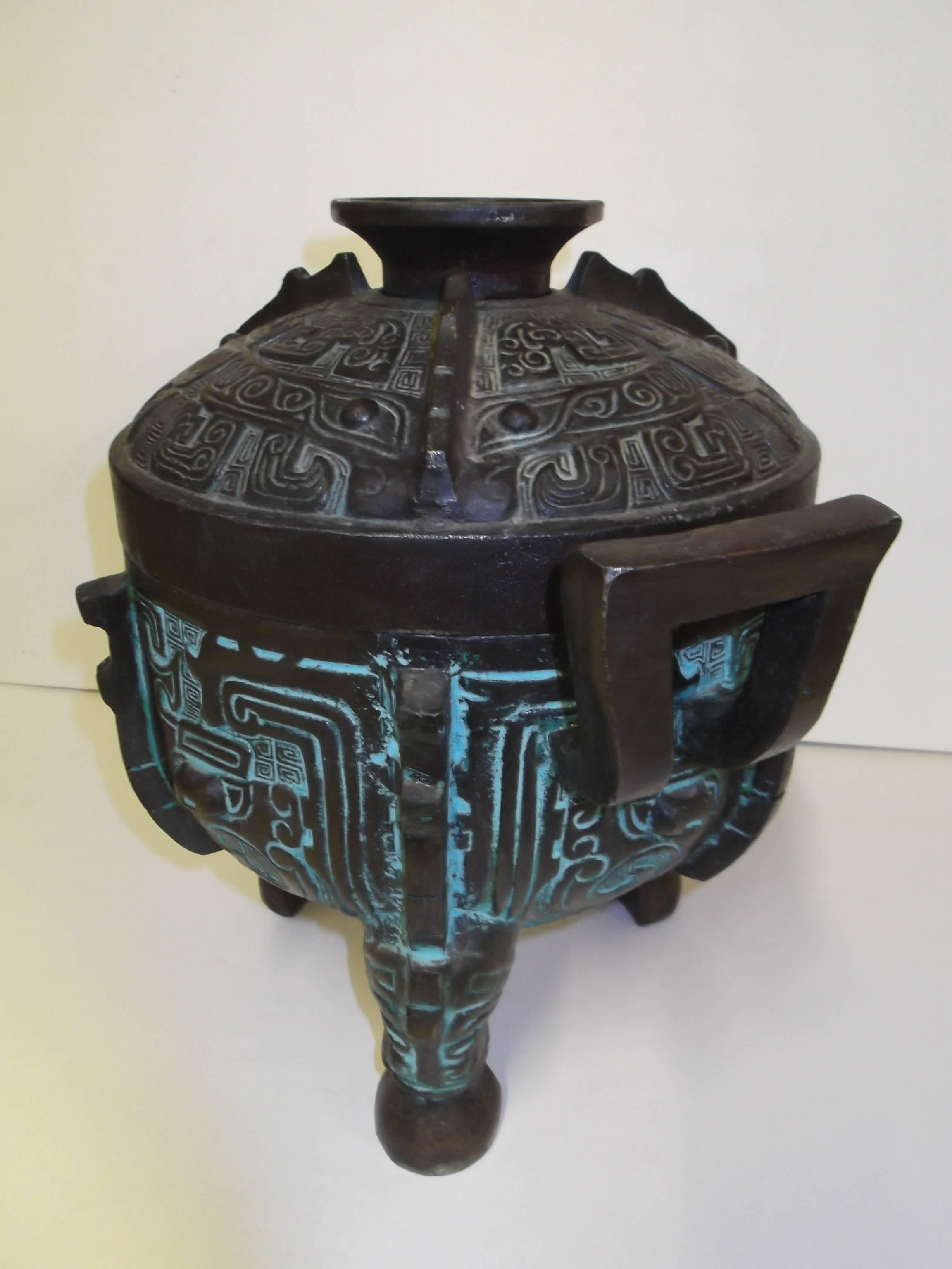 American Large Vintage Attributed James Mont Cast Metal Asian Aztec Temple Urn Ice Bucket