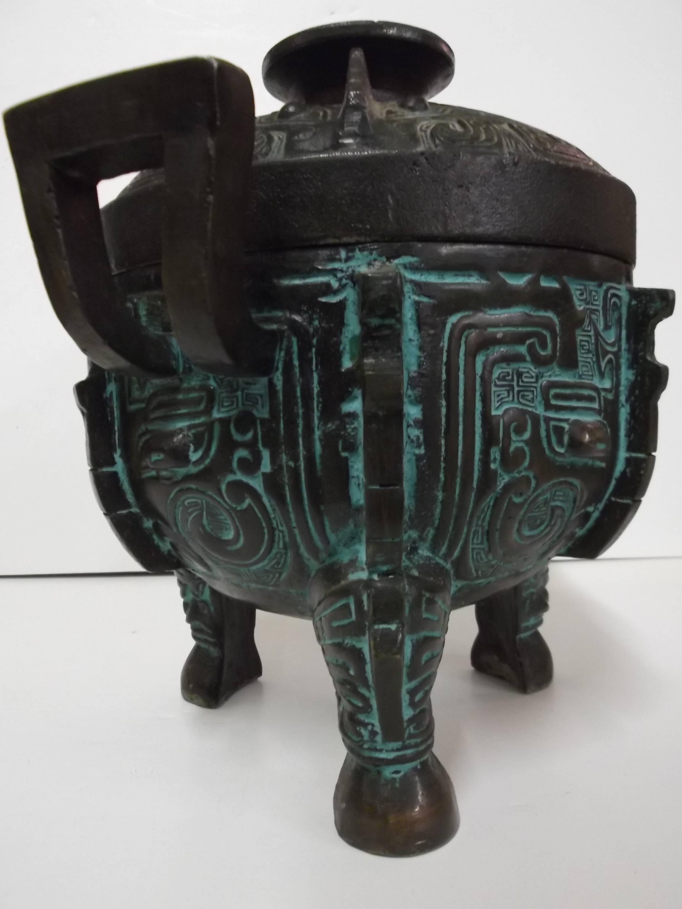 Hollywood Regency Large Vintage Attributed James Mont Cast Metal Asian Aztec Temple Urn Ice Bucket