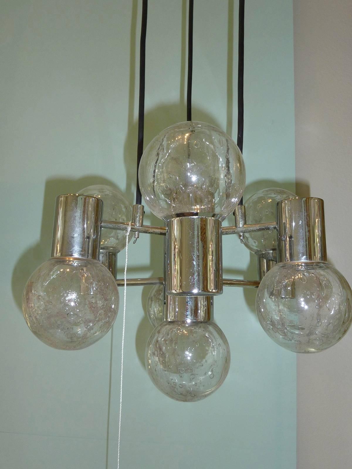 German Mid-Century Modern Chrome and Glass Pendant Light Fixture For Sale