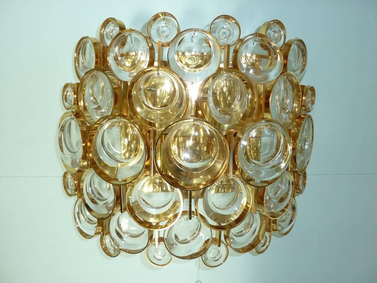 German Lovely Large Pair of Gilded Brass and Crystal Sconces by Palwa For Sale