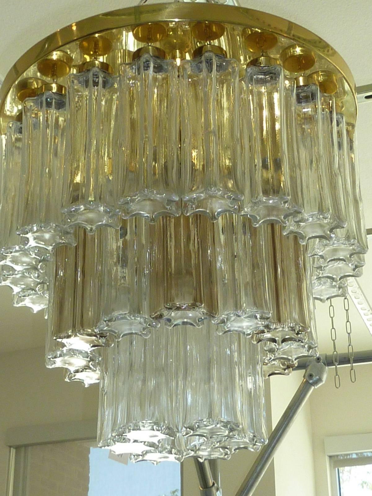 Brass Mid Century Modern Limburg Glass Tube Chandelier Flush Mount For Sale
