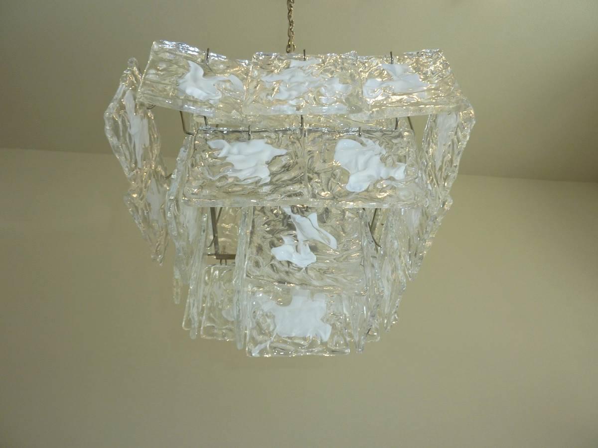 Italian Clear and White Square Glass Chandelier from Murano, Italy For Sale