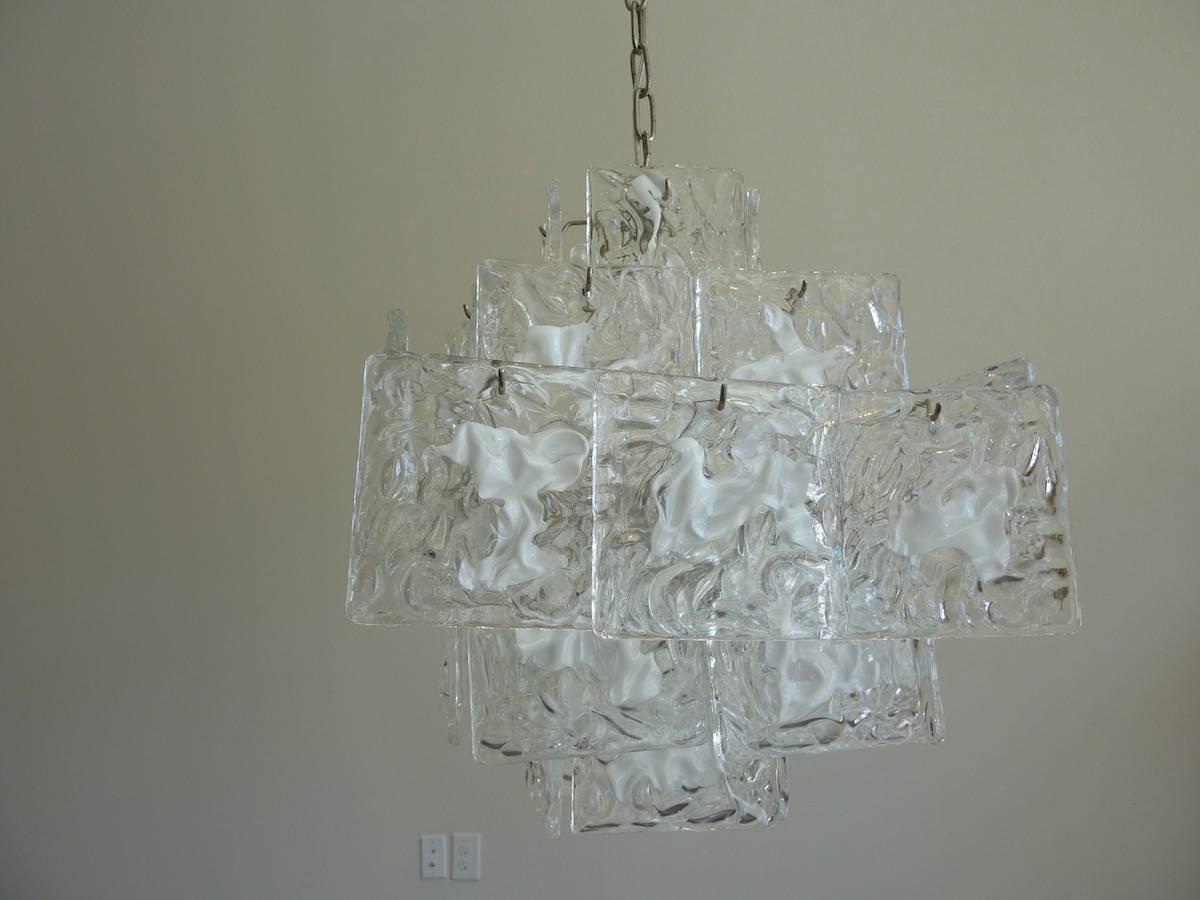 Mid-20th Century Clear and White Square Glass Chandelier from Murano, Italy For Sale
