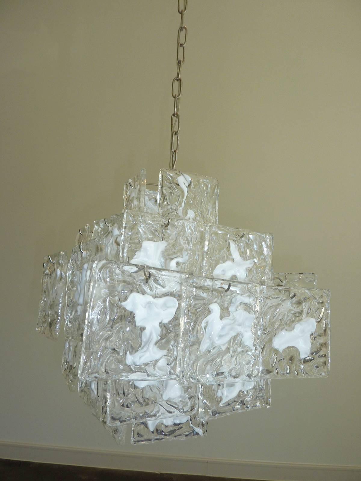 Clear and White Square Glass Chandelier from Murano, Italy For Sale 3