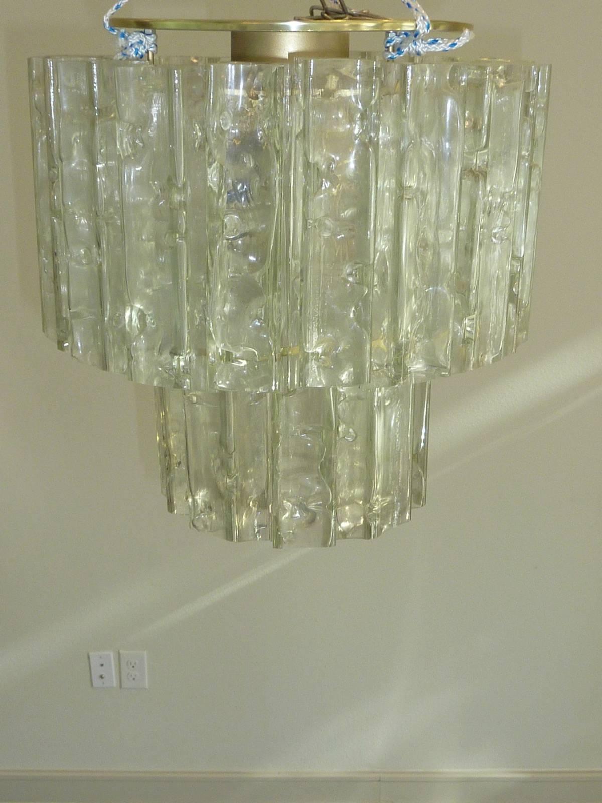 Beautiful flush mount chandelier by Doria, bubble finish square glass tubes mounted on chrome and white enamelled metal hardware.