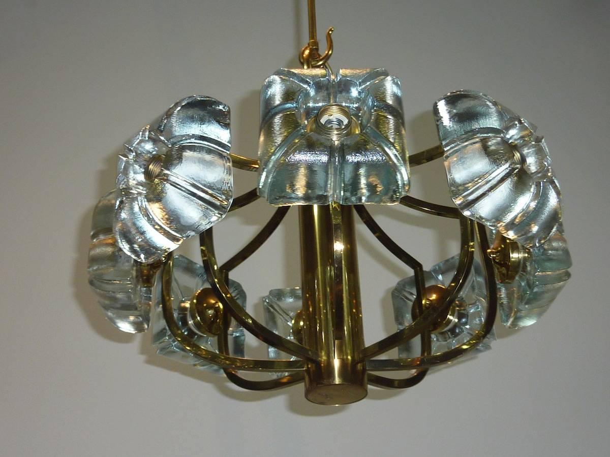 Kalmar Block Glass and Brass Chandelier For Sale 1
