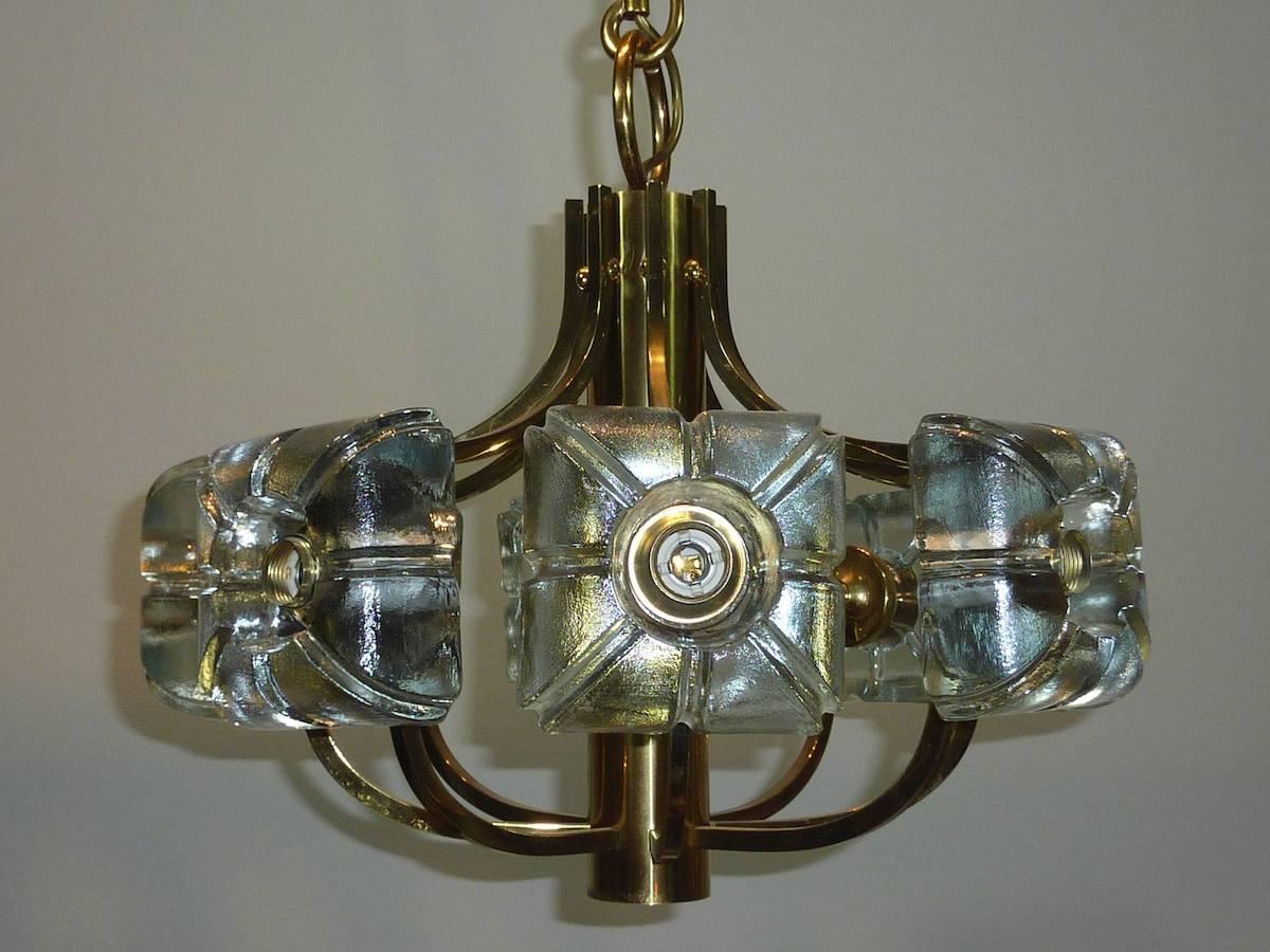 German Kalmar Block Glass and Brass Chandelier For Sale