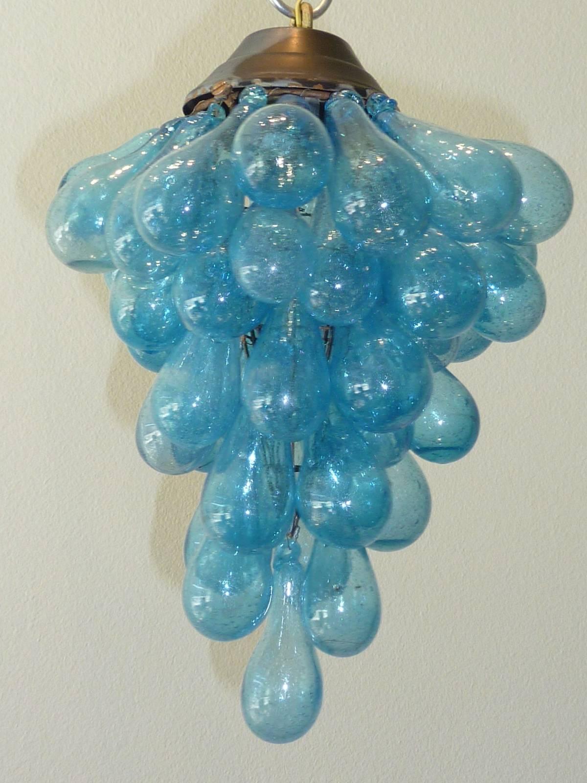 Blue Murano Glass Drop Grape Chandelier Flush Mount In Fair Condition In Frisco, TX