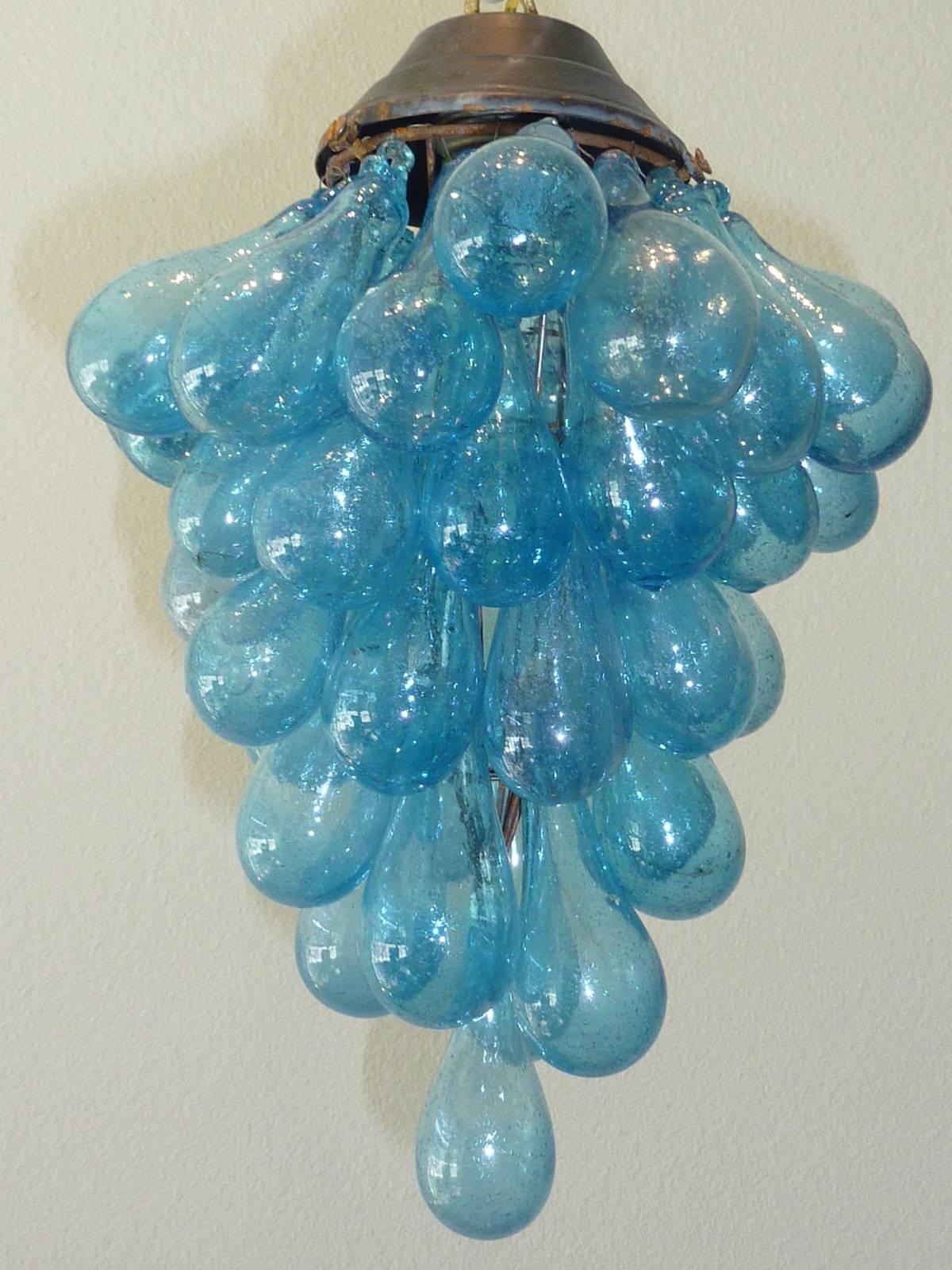 Italian Blue Murano Glass Drop Grape Chandelier Flush Mount