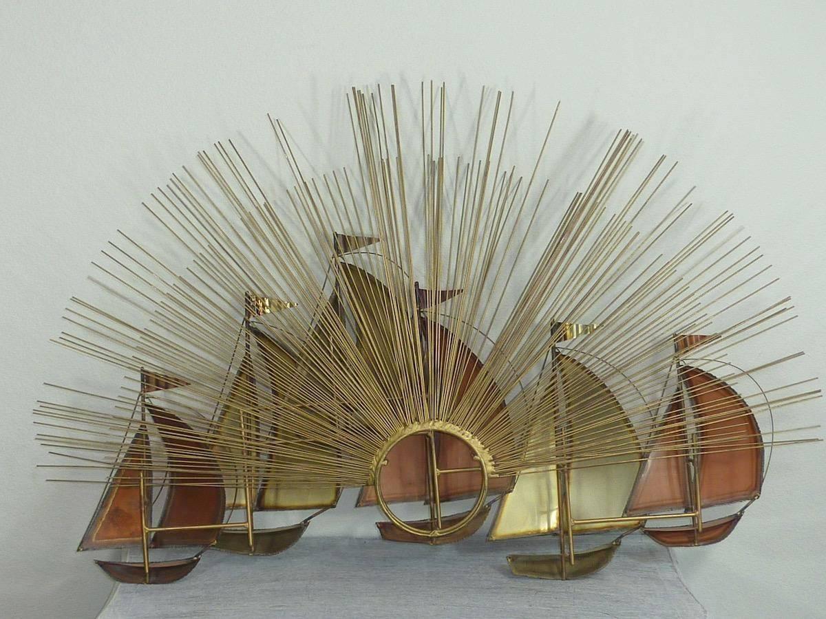 Late 20th Century Brutalist Sailing Boats and Sunburst Wall Sculpture For Sale