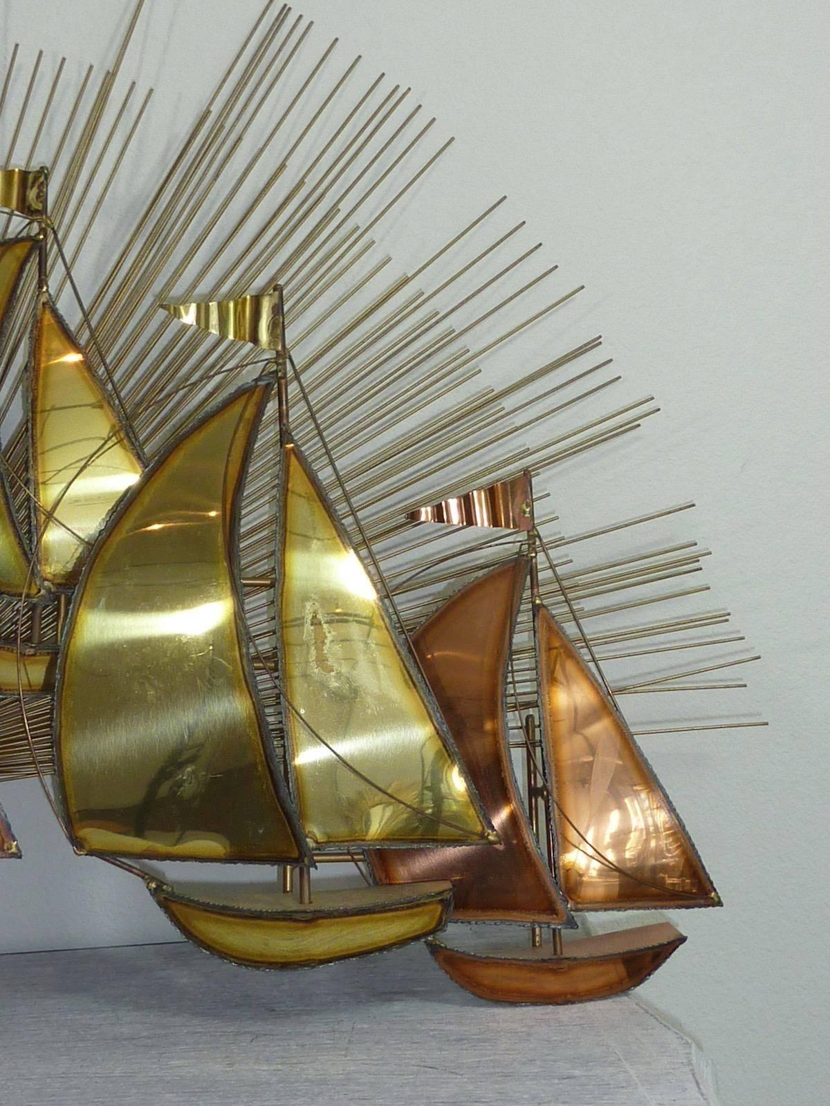 Brutalist Sailing Boats and Sunburst Wall Sculpture In Good Condition For Sale In Frisco, TX