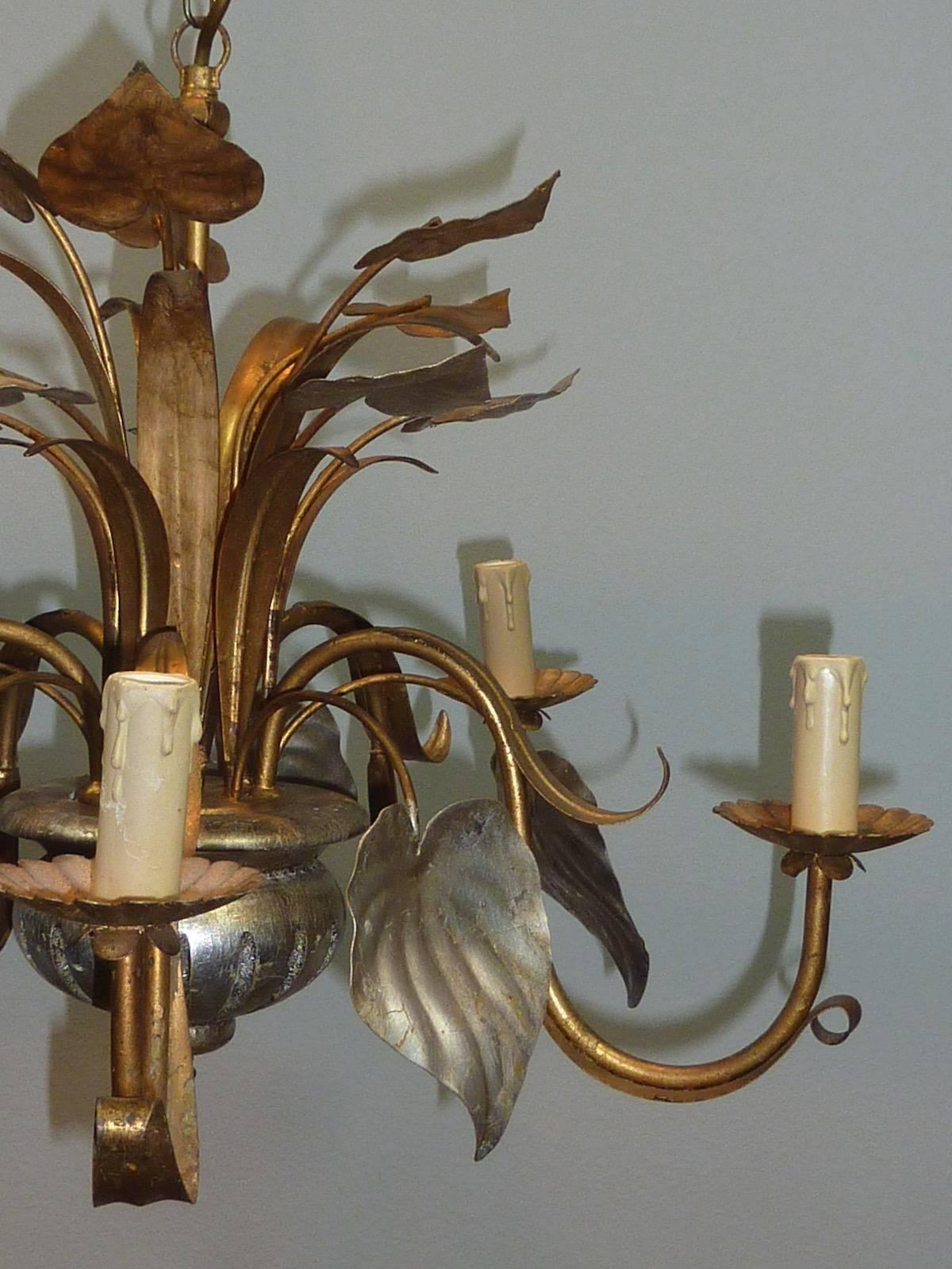 Mid-20th Century Italian Gilded Floral Tole Chandelier