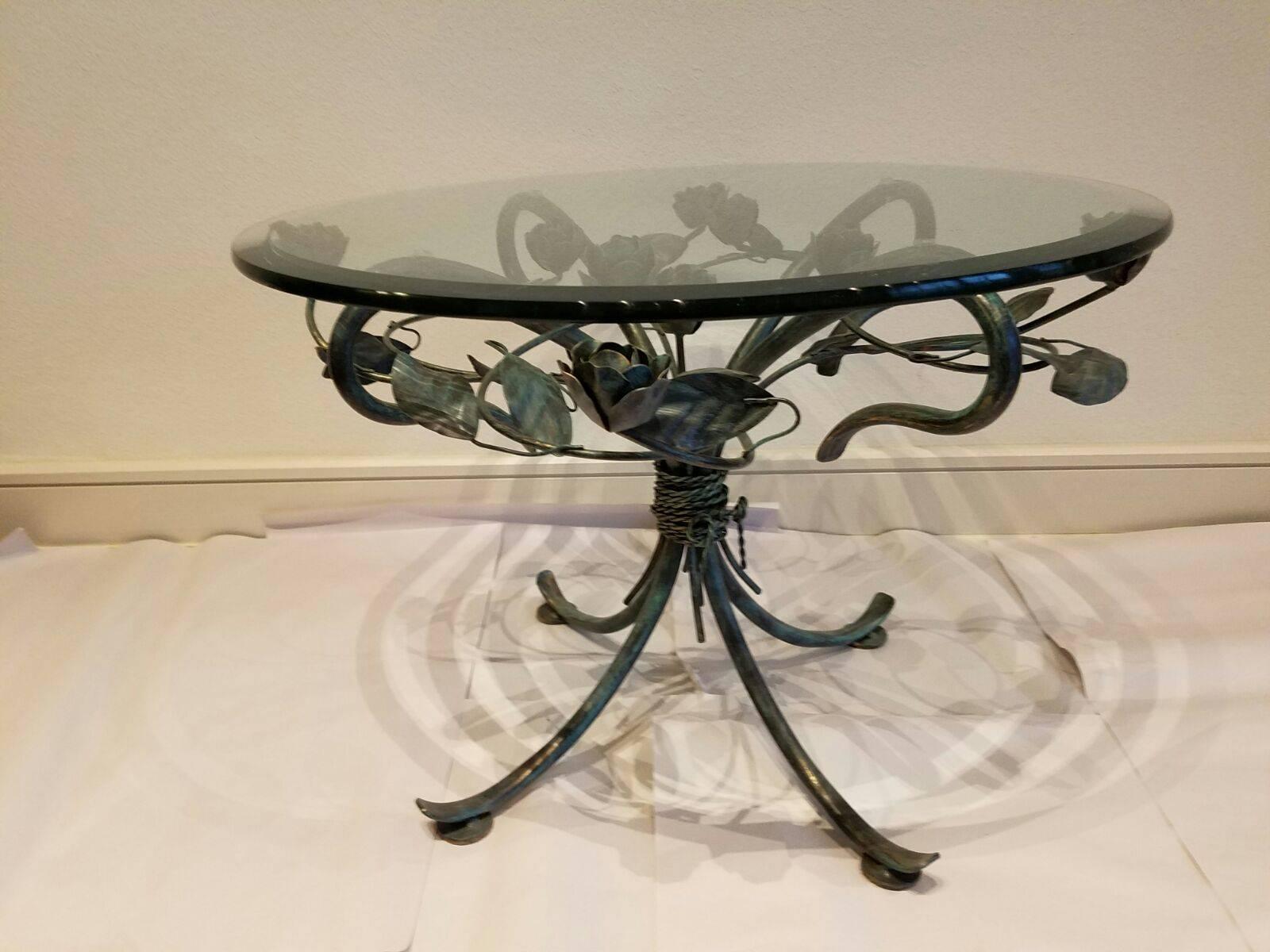 Hollywood Regency-style table with glass top. Made in Italy. Some scratches and wear. Made in the 1970s.