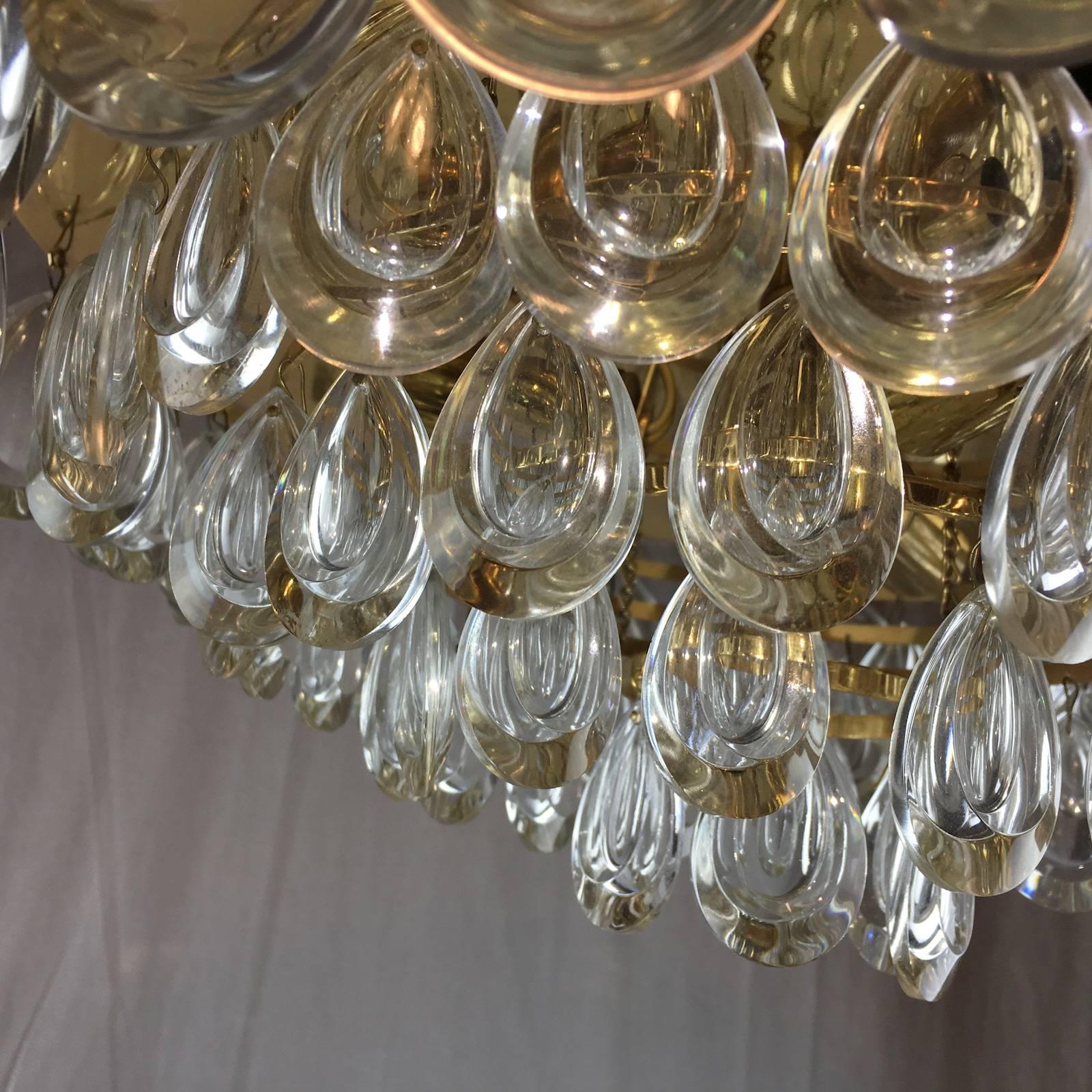 Gold Plate Teardrop Crystal Glass Flush Mount by Palwa, circa 1970s