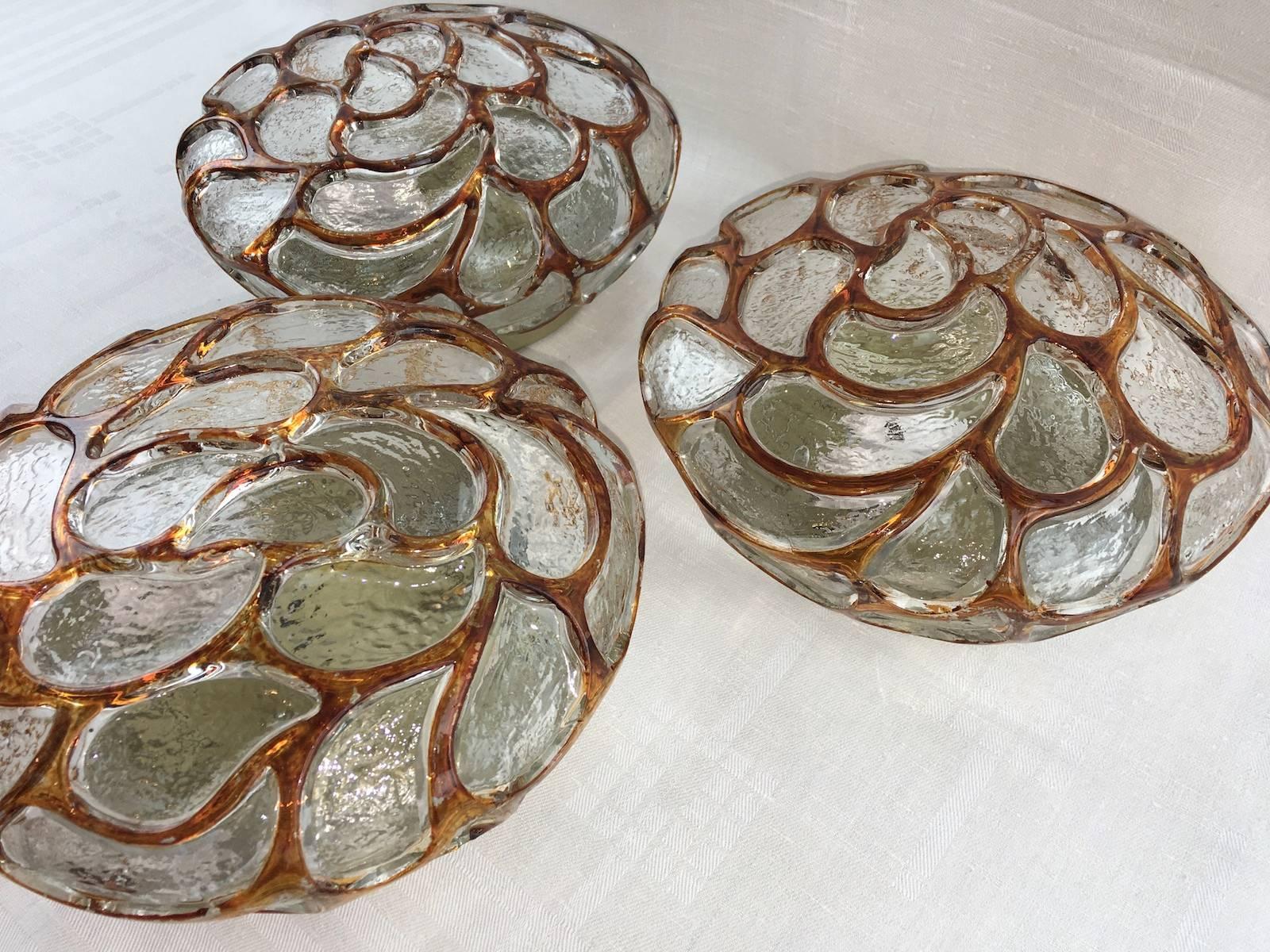 Three Paisley Pattern Glass Flush Mount, Limburg, Germany In Good Condition In Frisco, TX