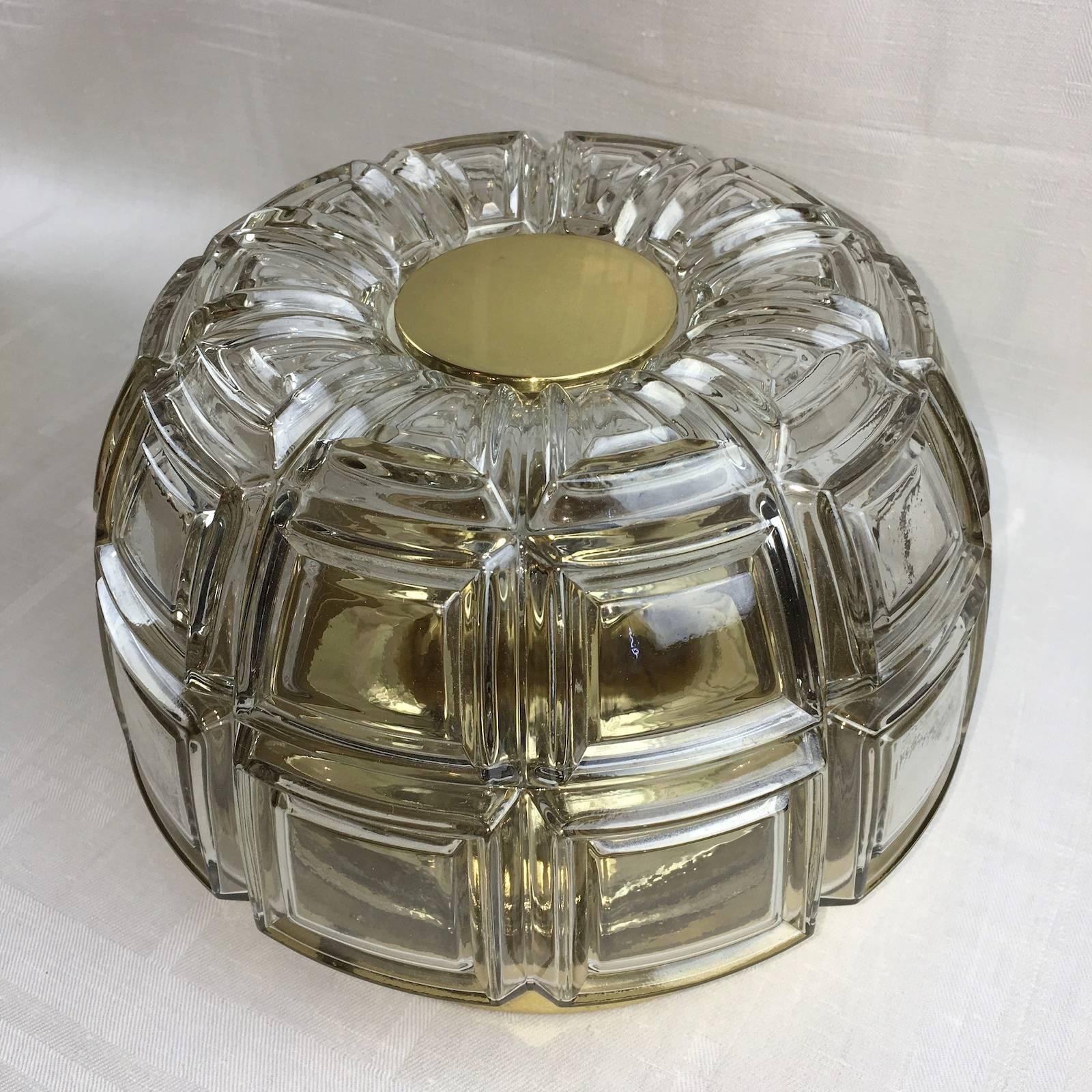 Pair of Brass and Amber Glass Flush Mount by Limburg In Good Condition For Sale In Frisco, TX