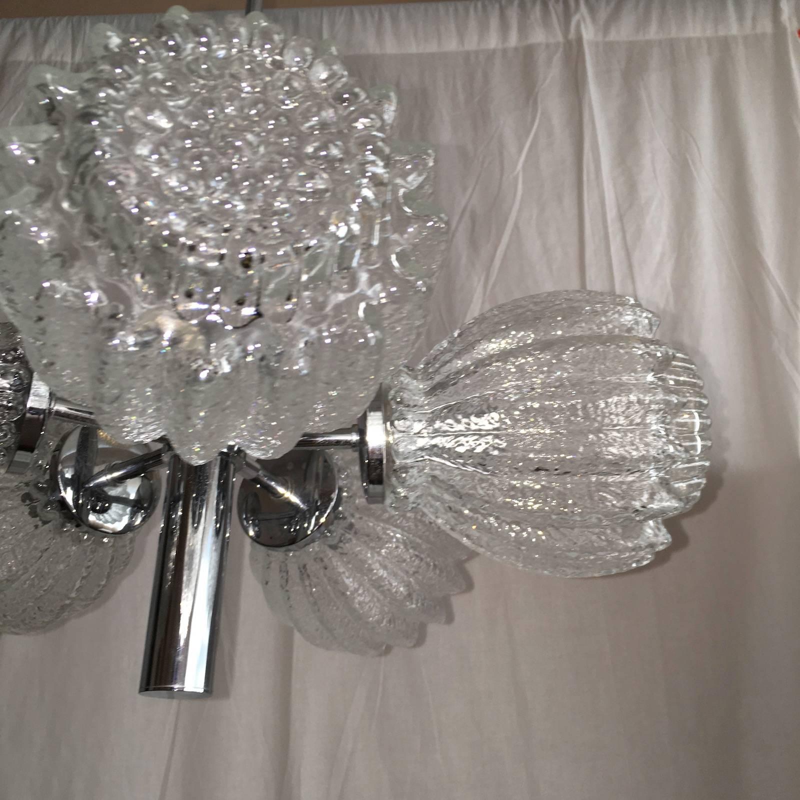 German Mid-Century Modern Flower Glass and Chrome Chandelier For Sale