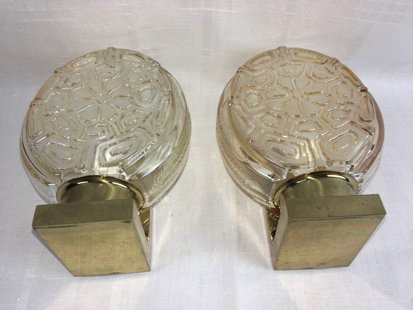 Pair of German Brass and Flower Textured Glass Sconces, 1960s For Sale 1