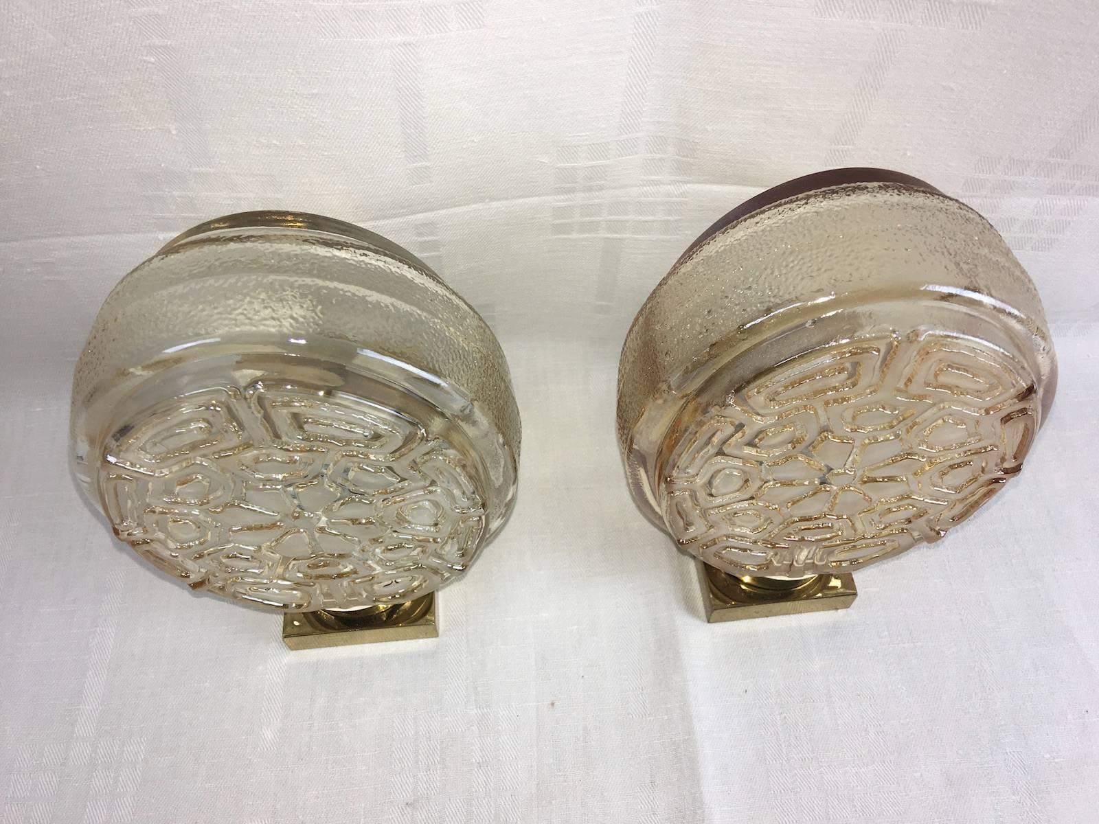 Mid-20th Century Pair of German Brass and Flower Textured Glass Sconces, 1960s For Sale