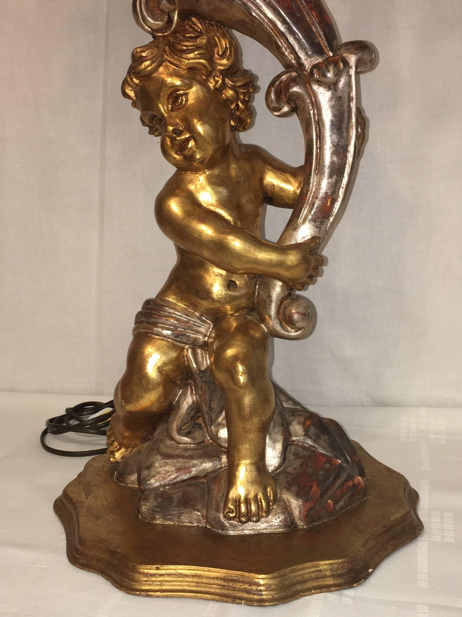Hollywood Regency Style Cherub Angel Gilded Wood and Crystal Prism Table Lamp In Good Condition For Sale In Frisco, TX