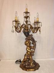 Hollywood Regency Style Cherub Angel Gilded Wood and Crystal Prism Table Lamp