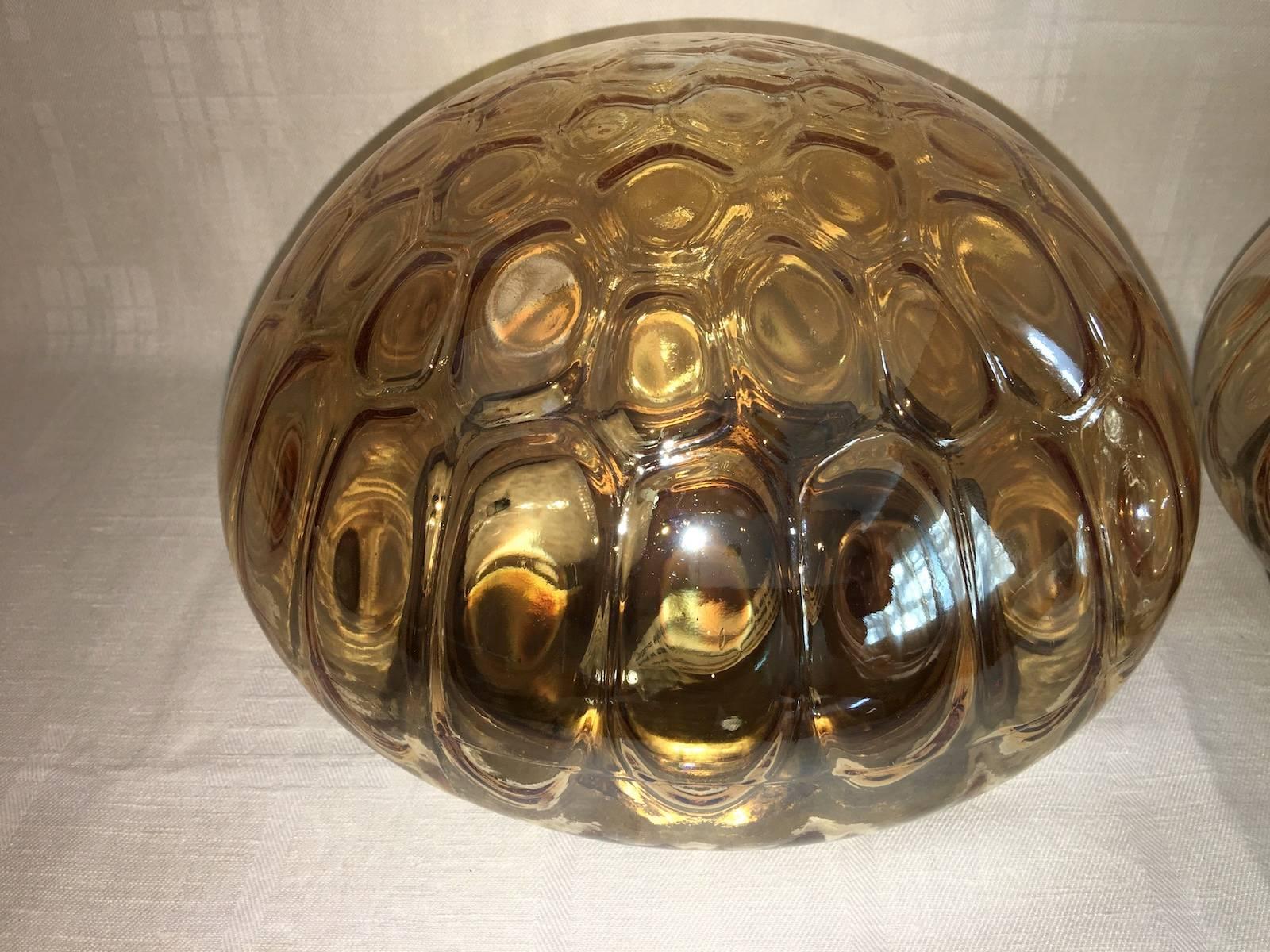 Pair of Tortoise Shell Amber Glass Flush Mounts In Good Condition For Sale In Frisco, TX