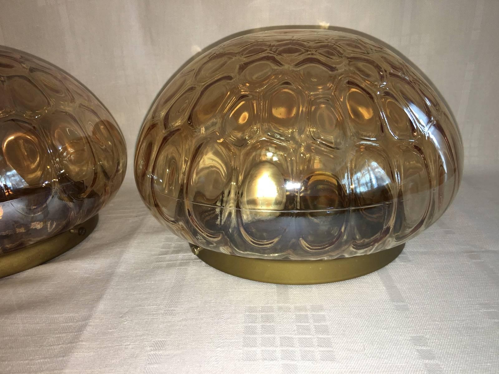 Mid-20th Century Pair of Tortoise Shell Amber Glass Flush Mounts For Sale