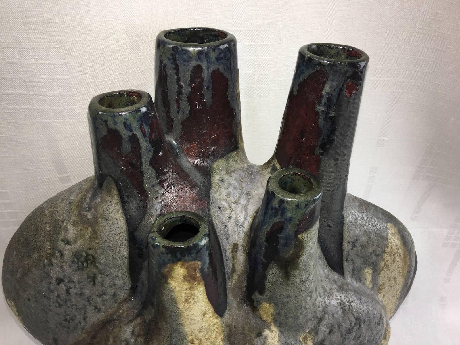Huge 1960s German Schaeffenacker Five Tubes Art Pottery Vase In Good Condition In Frisco, TX
