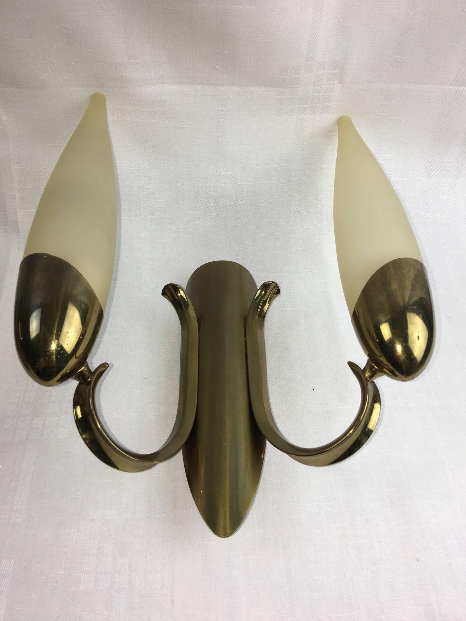 Italian Pair of 1960s Italy Glass and Brass Two Tubes Sconces ON SALE For Sale
