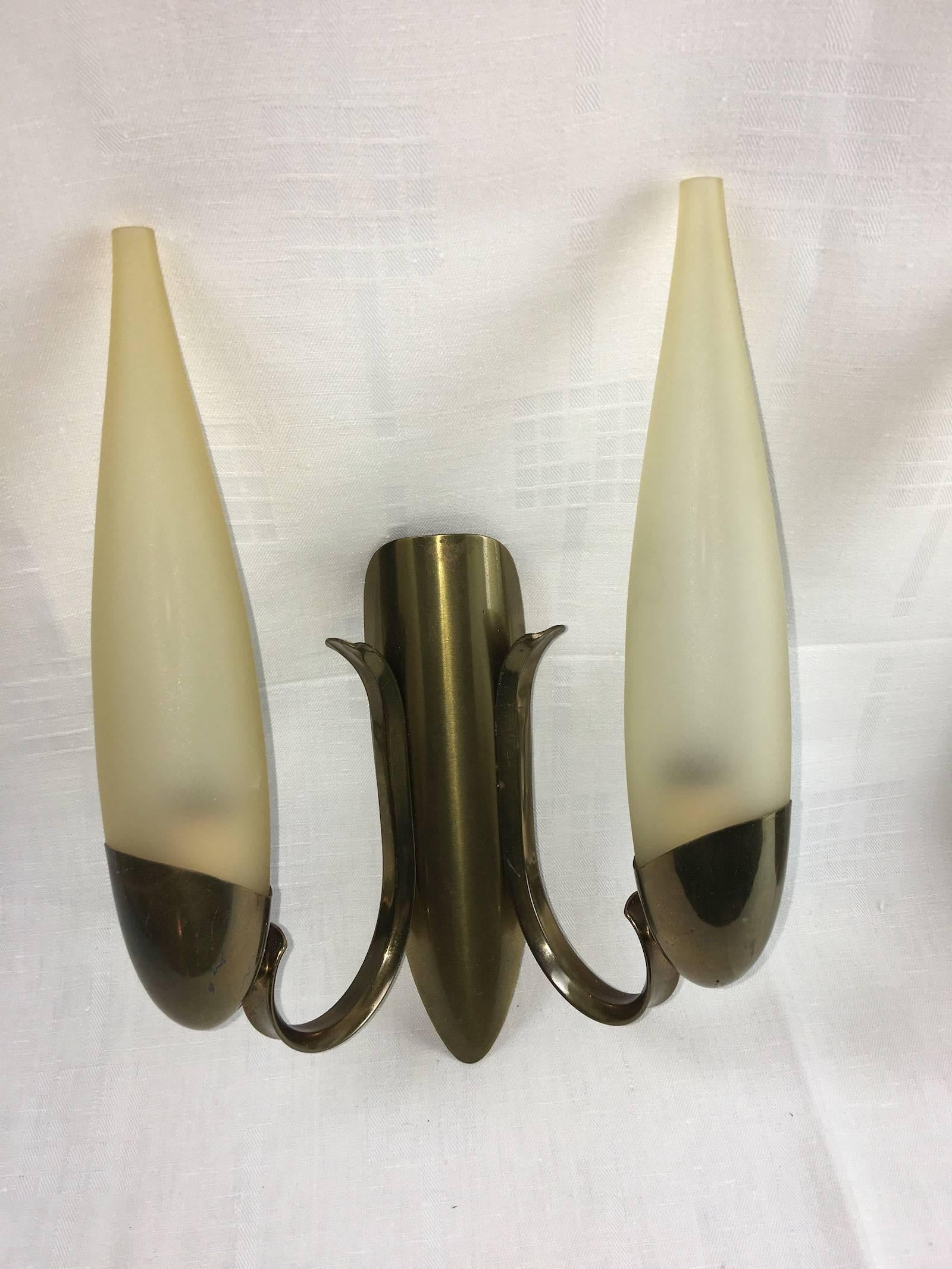 Pair of 1960s Italy Glass and Brass Two Tubes Sconces ON SALE In Good Condition For Sale In Frisco, TX