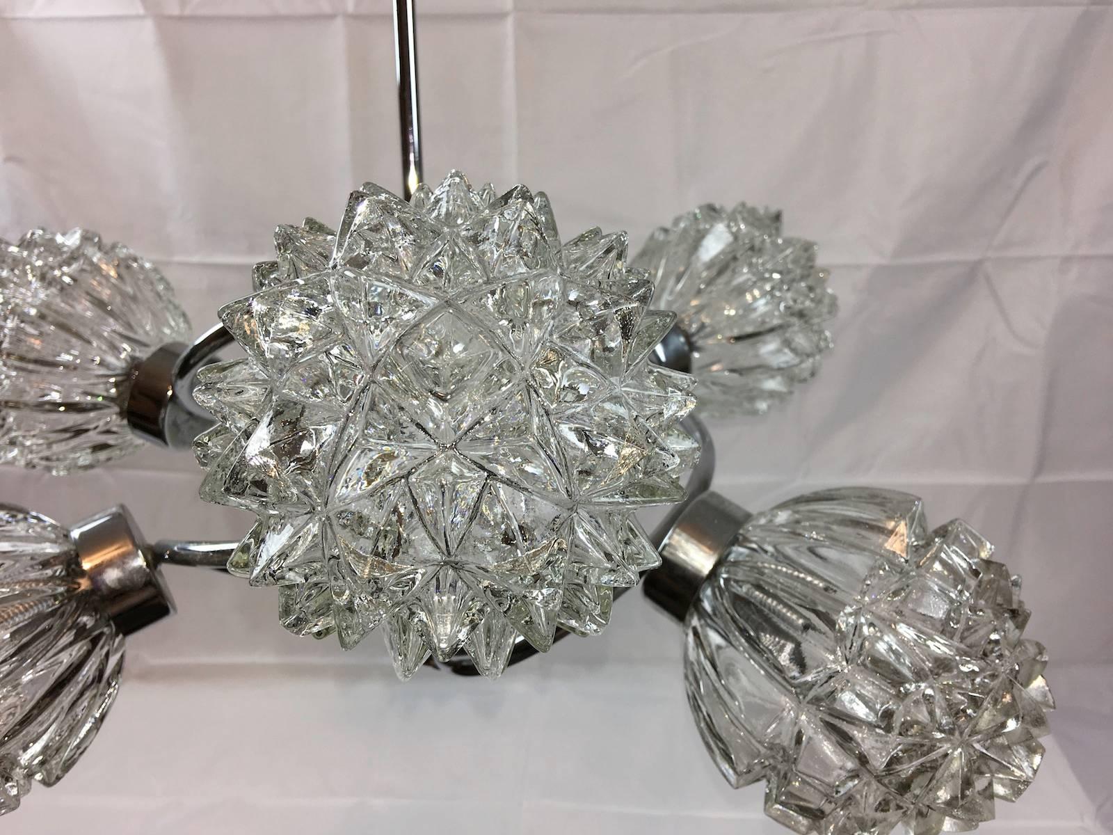 Six-Arm Chrome Glass Richard Essig Sputnik Orbit Chandelier In Good Condition For Sale In Frisco, TX