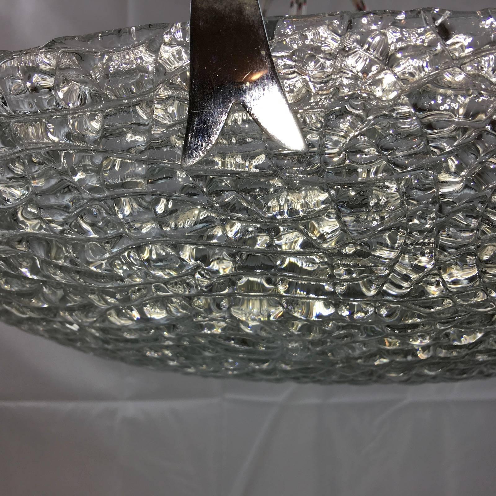 Huge Massive Textured Glass Flush Mount with Chrome Hardware In Good Condition For Sale In Frisco, TX