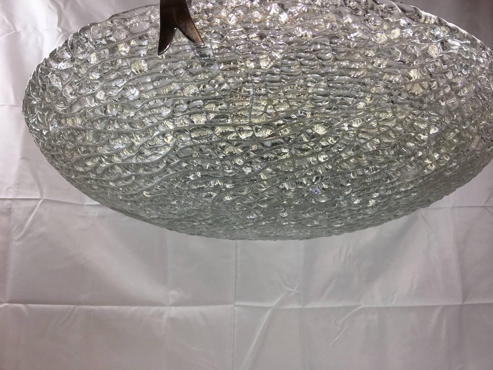 Late 20th Century Huge Massive Textured Glass Flush Mount with Chrome Hardware For Sale