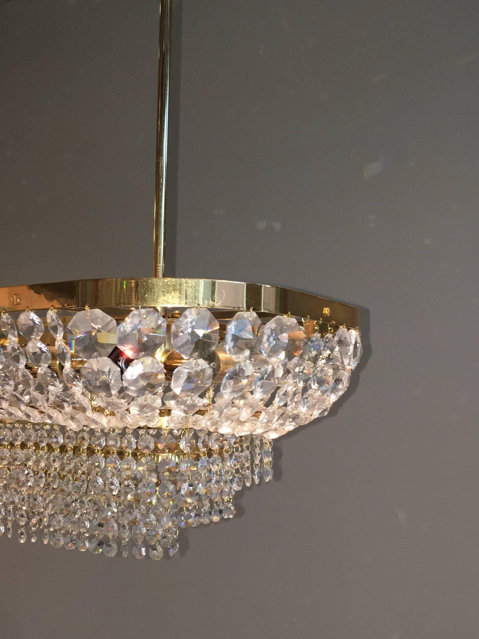 Gold Plate Palwa Crystal Prism Chandelier Mid-Century 1970's Germany For Sale