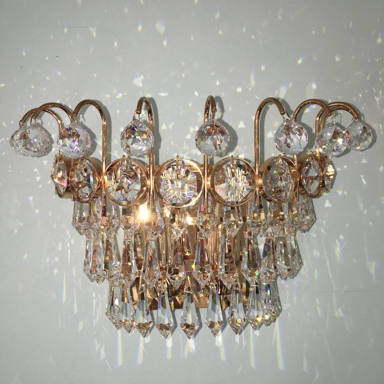 Brass Pair of Palwa Crystal Prism Sconces Mid-Century, German For Sale