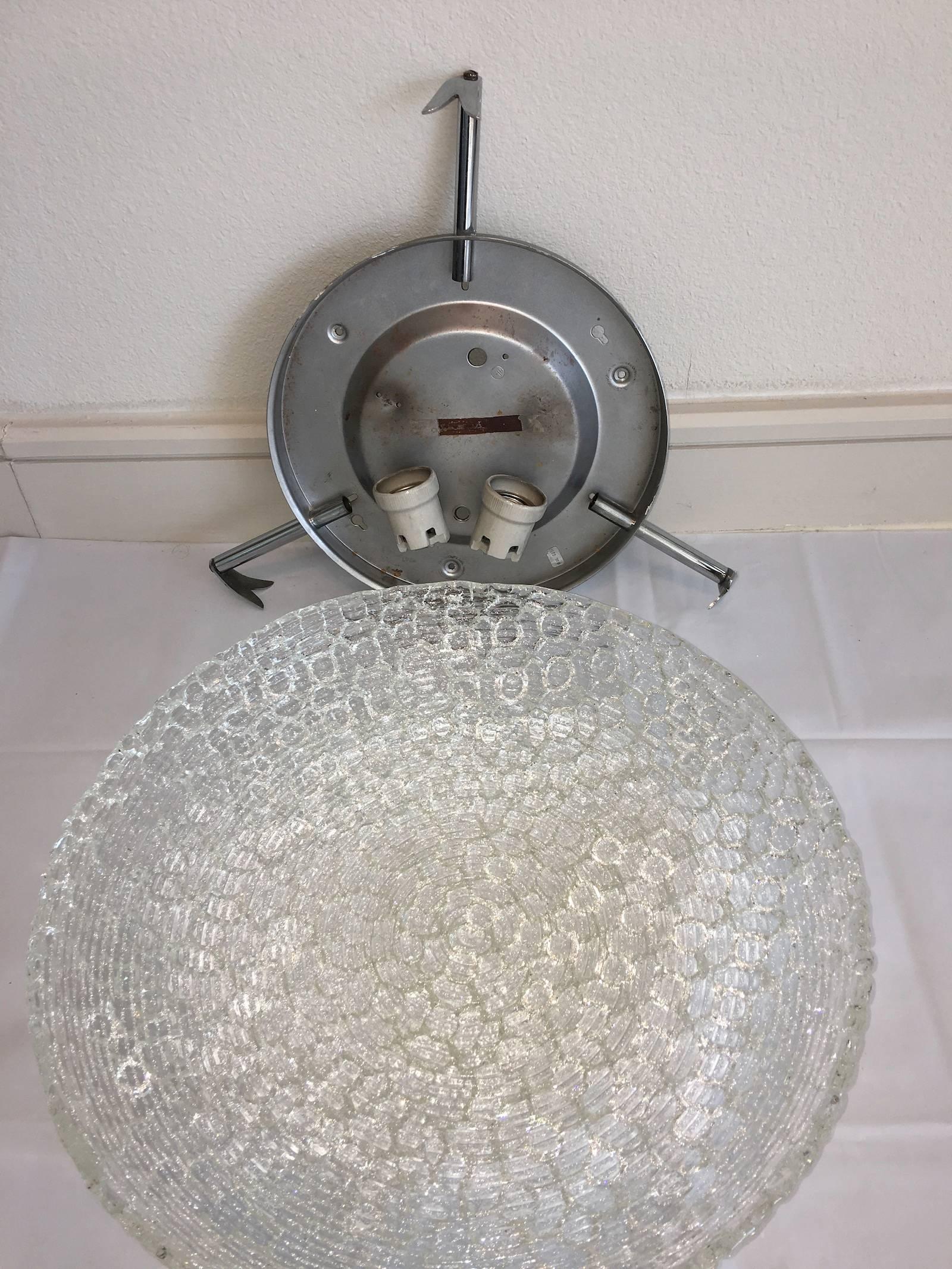 Massive Textured Glass Flush Mount with Chrome Hardware In Good Condition For Sale In Frisco, TX