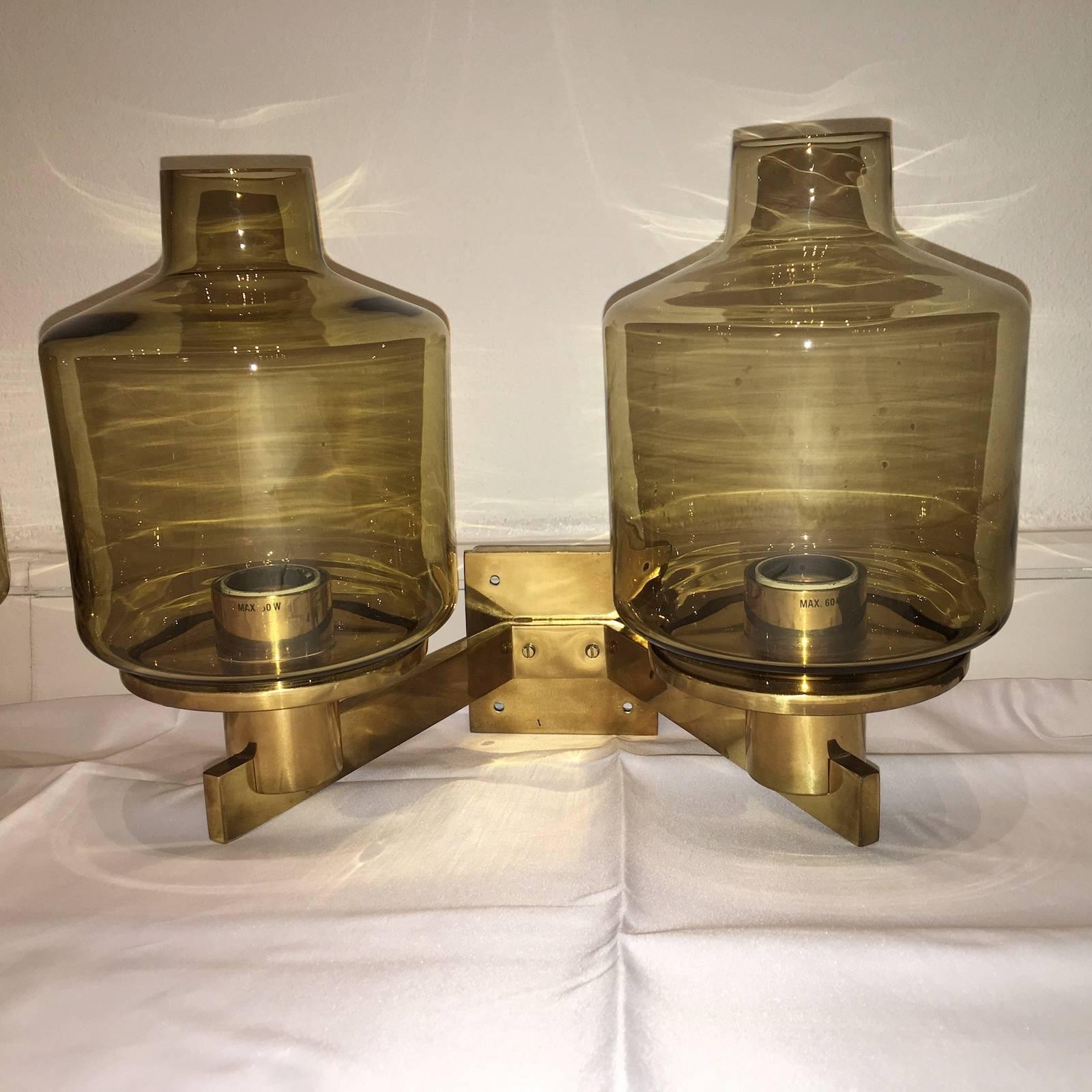 Brass  Pair of Hans-Agne Jakobsson Wall Lamp Amber Glass Model V-212 - 2 set available For Sale