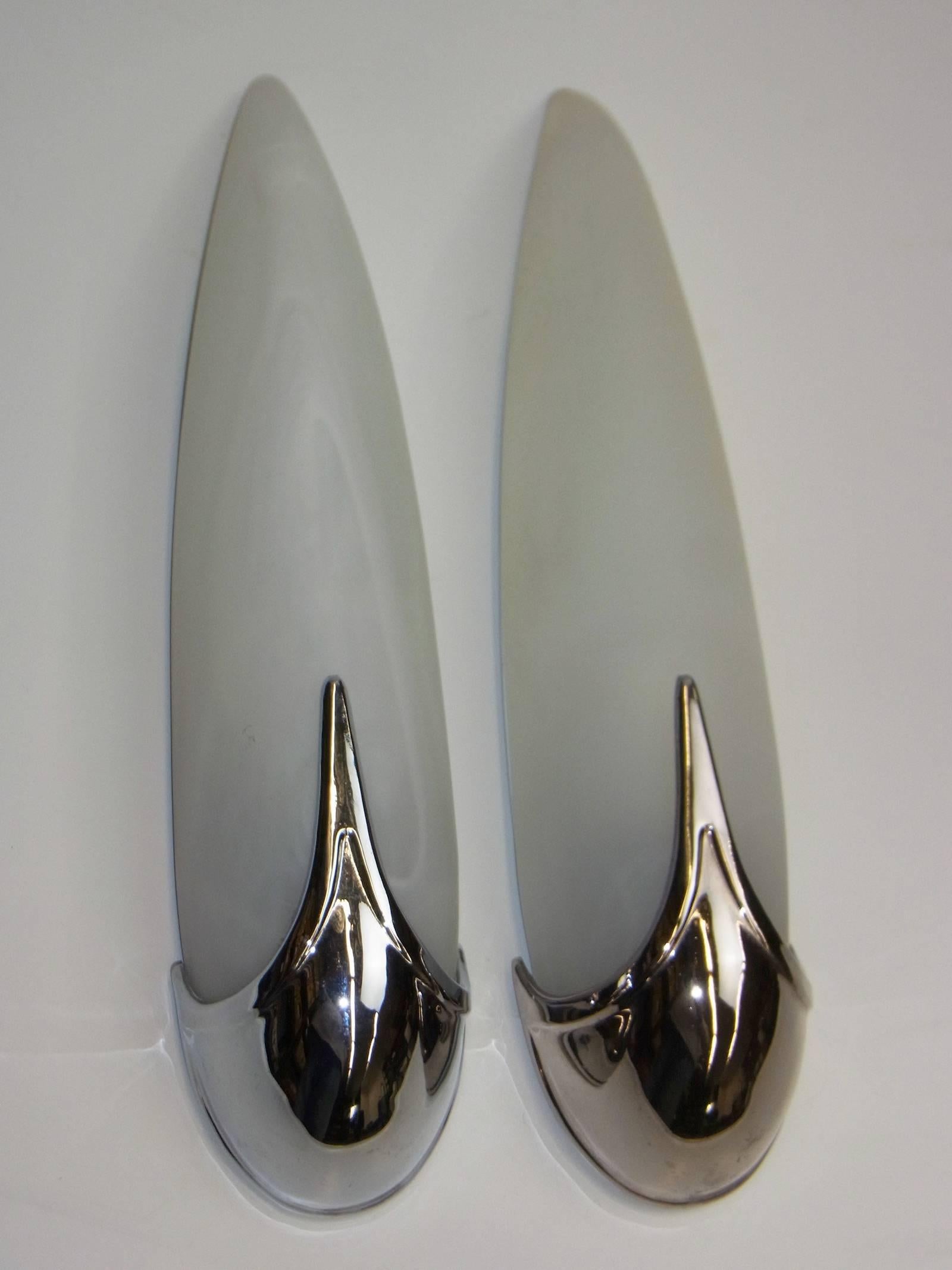 A pair of vintage Art Deco style, French flush mount sconces, each cut-glass shade in a Chrome mounting, it is satin opal style glass. Good condition, with minor age appropriate wear to the satin opal glass surface. Each Fixture requires one