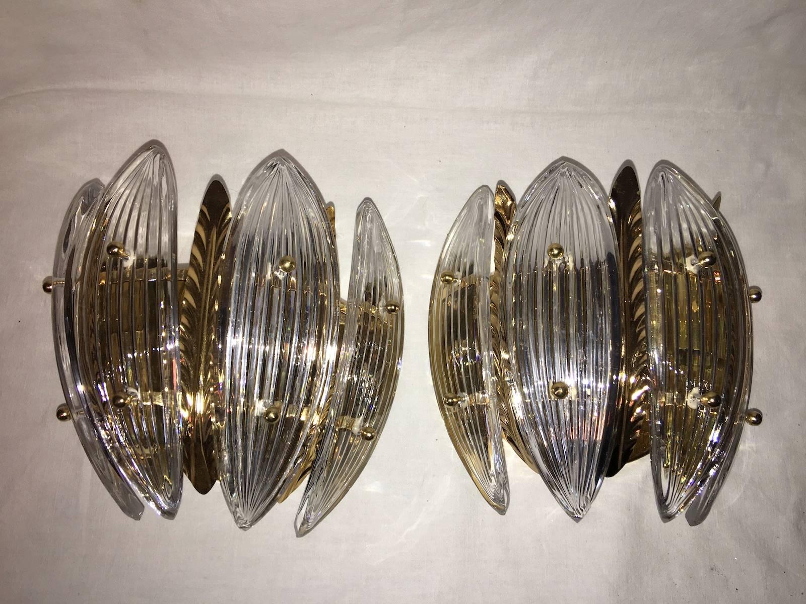 German Pair of Gilded Brass and Glass Sconces by Palwa For Sale