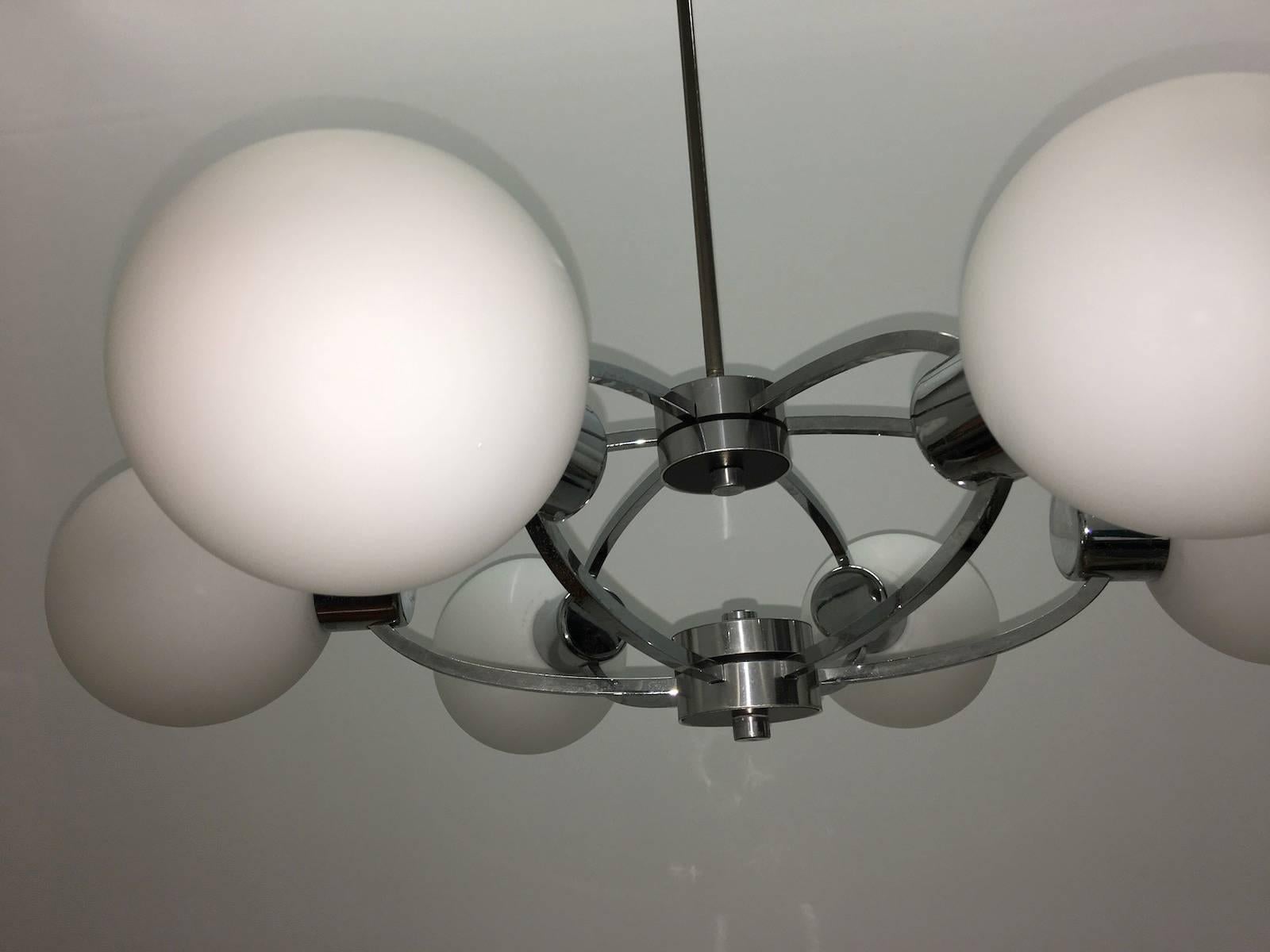 German Six Ball Opal Glass Chrome Orbit Lamp from the '70's For Sale