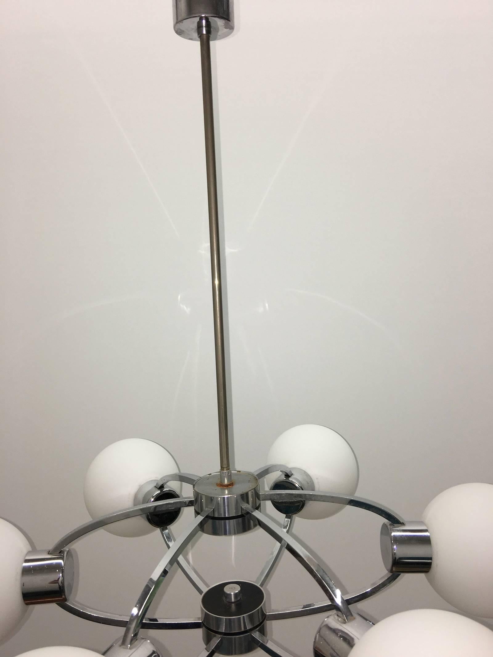 Milk Glass Six Ball Opal Glass Chrome Orbit Lamp from the '70's For Sale