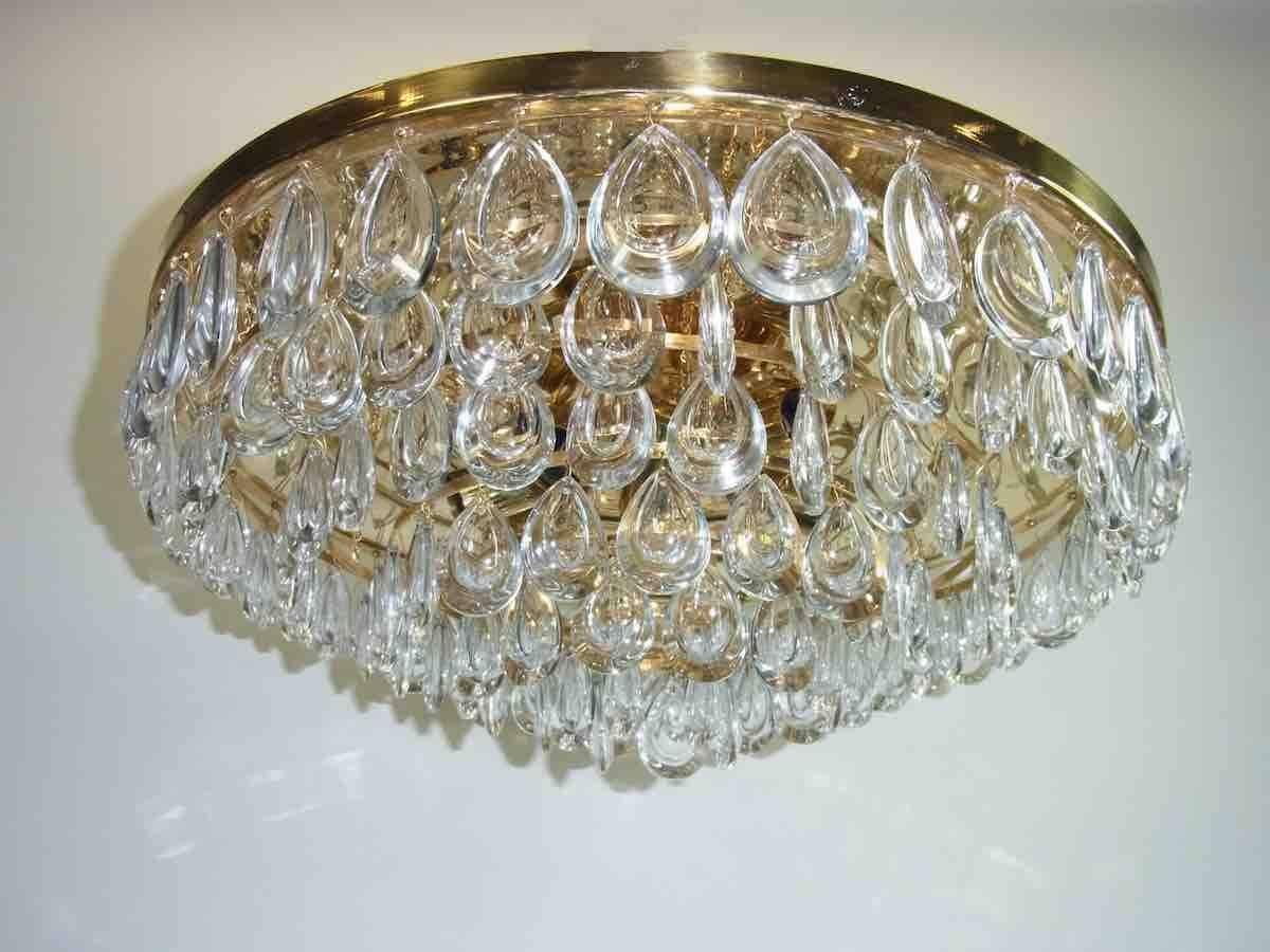 Large Palwa Teardrop Crystal Glass Flush Mount, Mid-Century, German In Good Condition For Sale In Frisco, TX