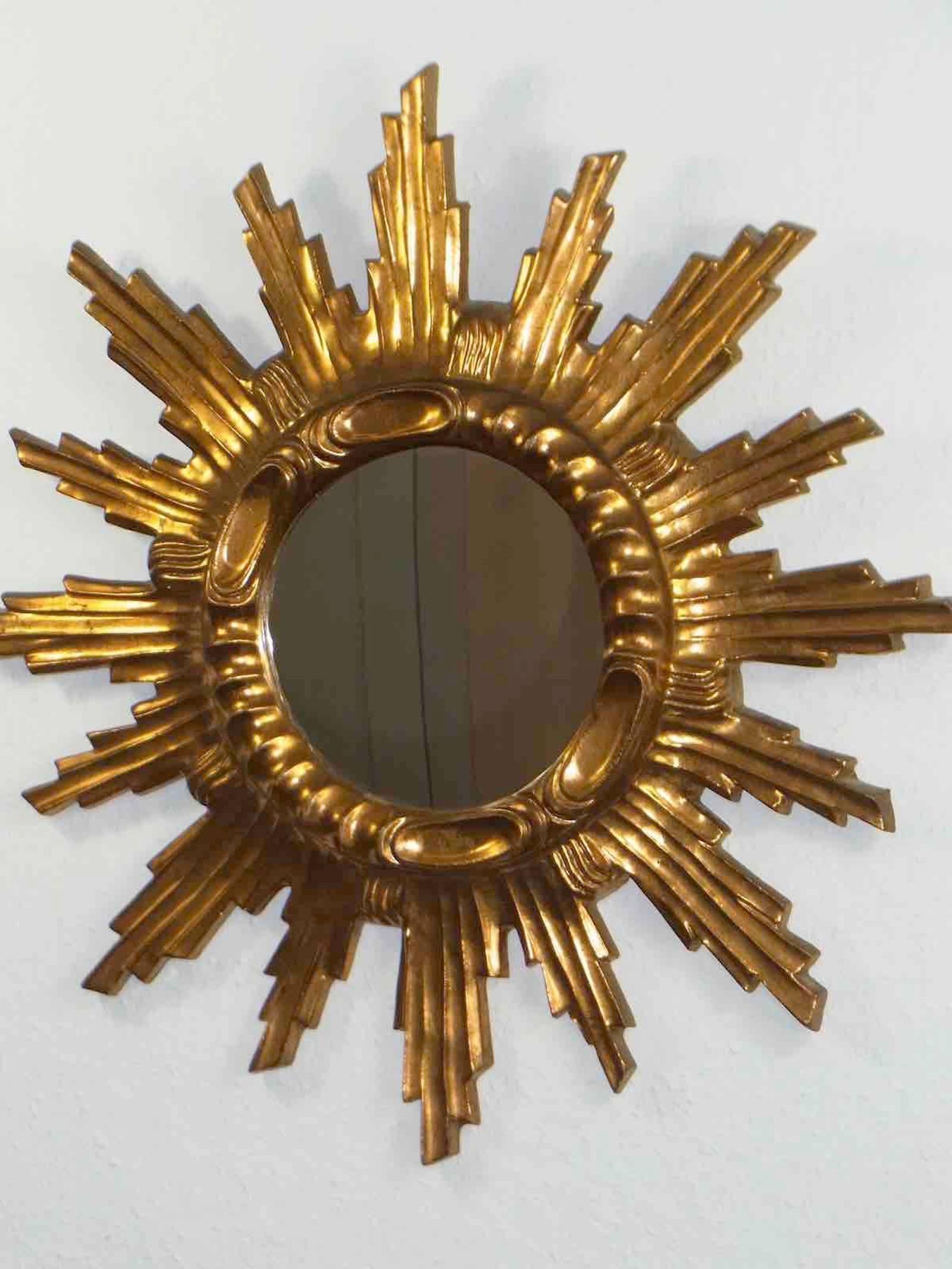 Hollywood Regency Starburst Sunburst Gilded Wood and Composition Mirror, Italy