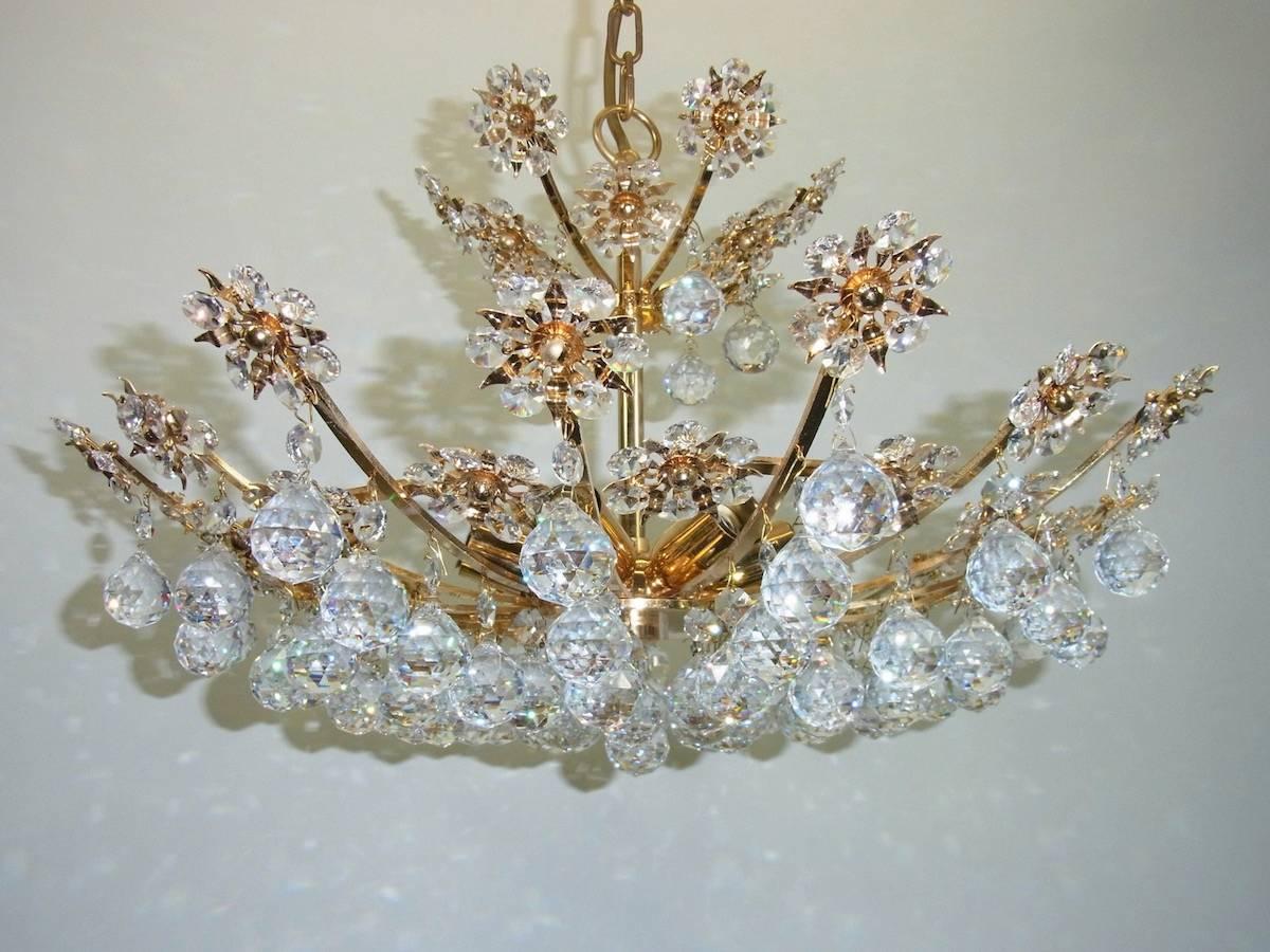 Gold Plate Palwa Crystal Flower Chandelier Mid-Century, German For Sale