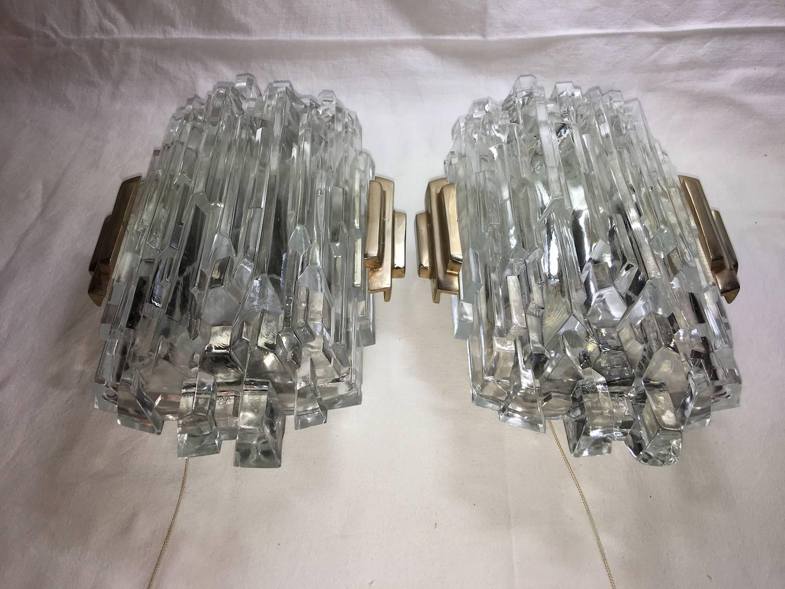Mid-20th Century Pair of French Brass and Ice Block Glass Sconces For Sale
