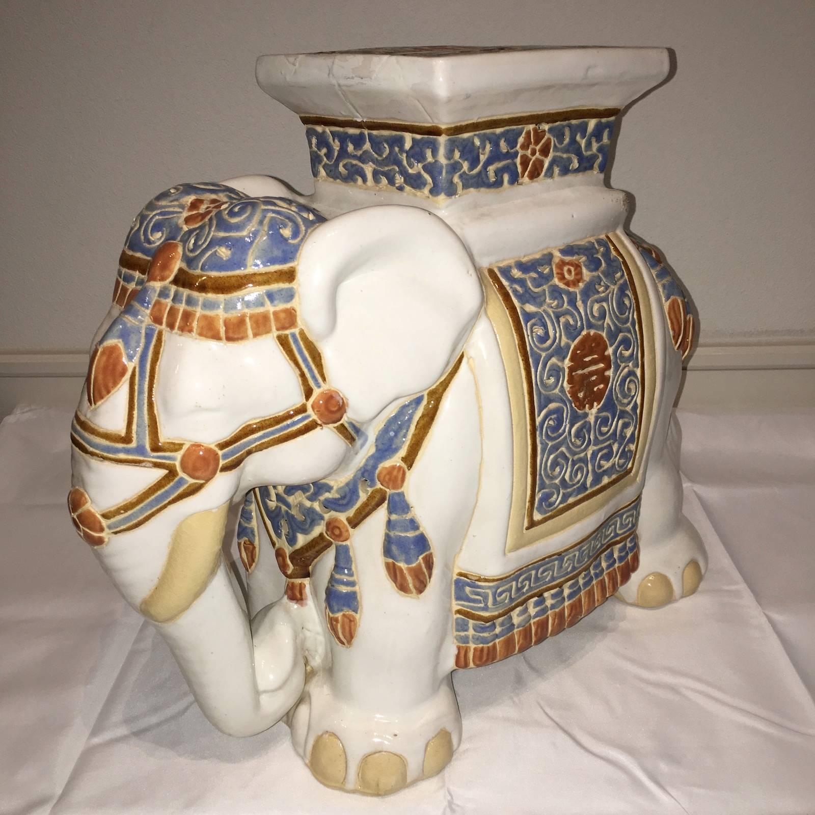 Mid-20th century glazed ceramic elephant garden stool, flower pot seat or side table. Handmade of ceramic. Nice addition to your home, patio or garden.