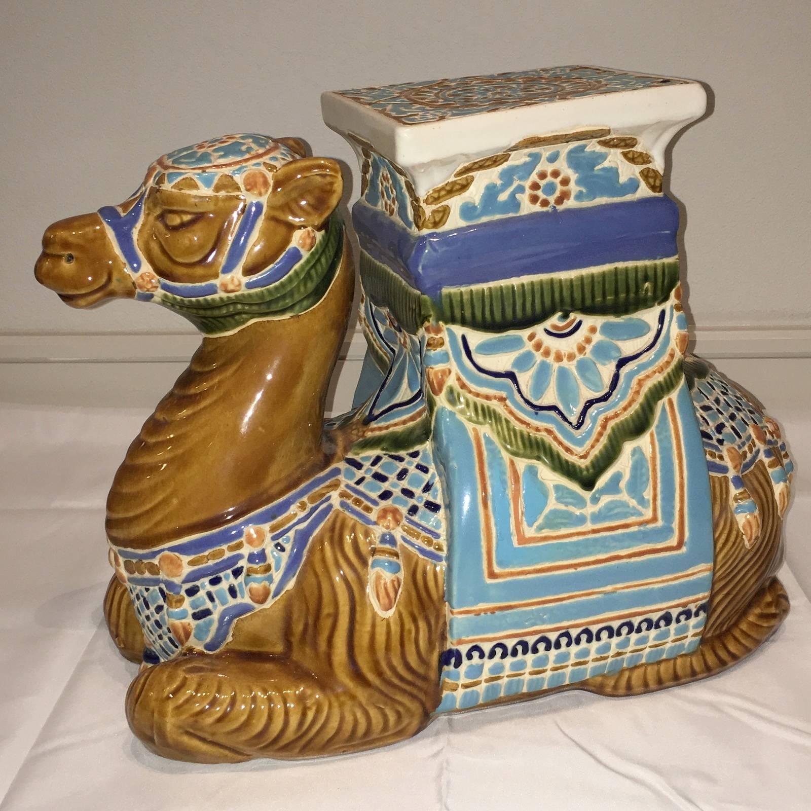 Mid-20th century glazed ceramic camel garden stool, flower pot seat or side table. Handmade of ceramic. Nice addition to your home, patio or garden.