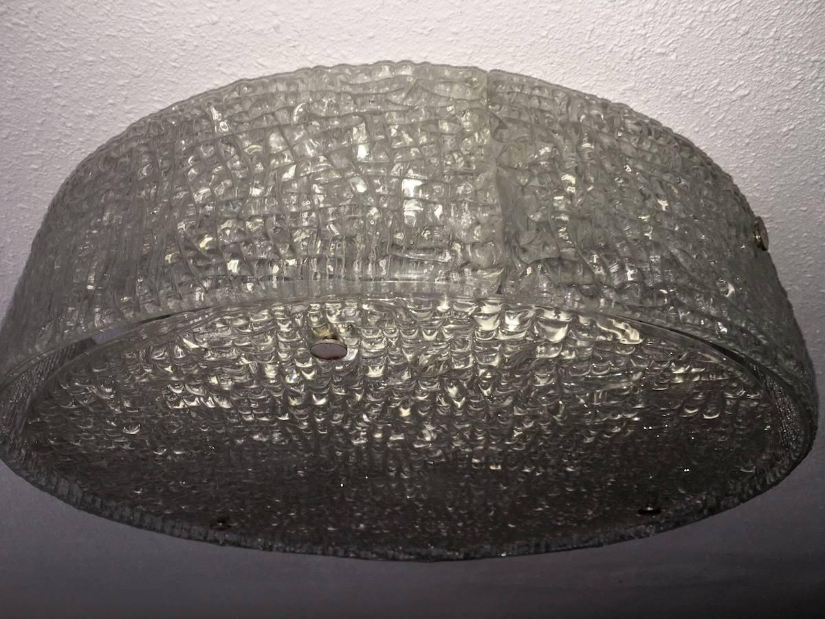 Large Mid-Century Flush Mount in Textured Glass by Kaiser Leuchten In Good Condition In Frisco, TX